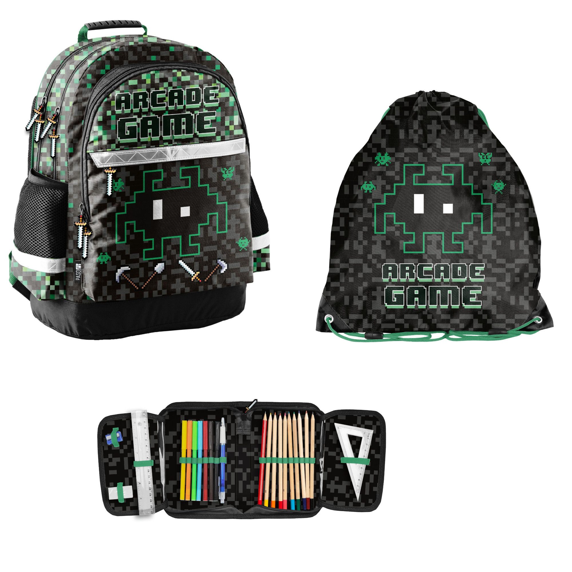 PASO Schulranzen "Game" (Schulset, 3-teilig), mit Rucksack, Turnbeutel + befüllter Federmappe