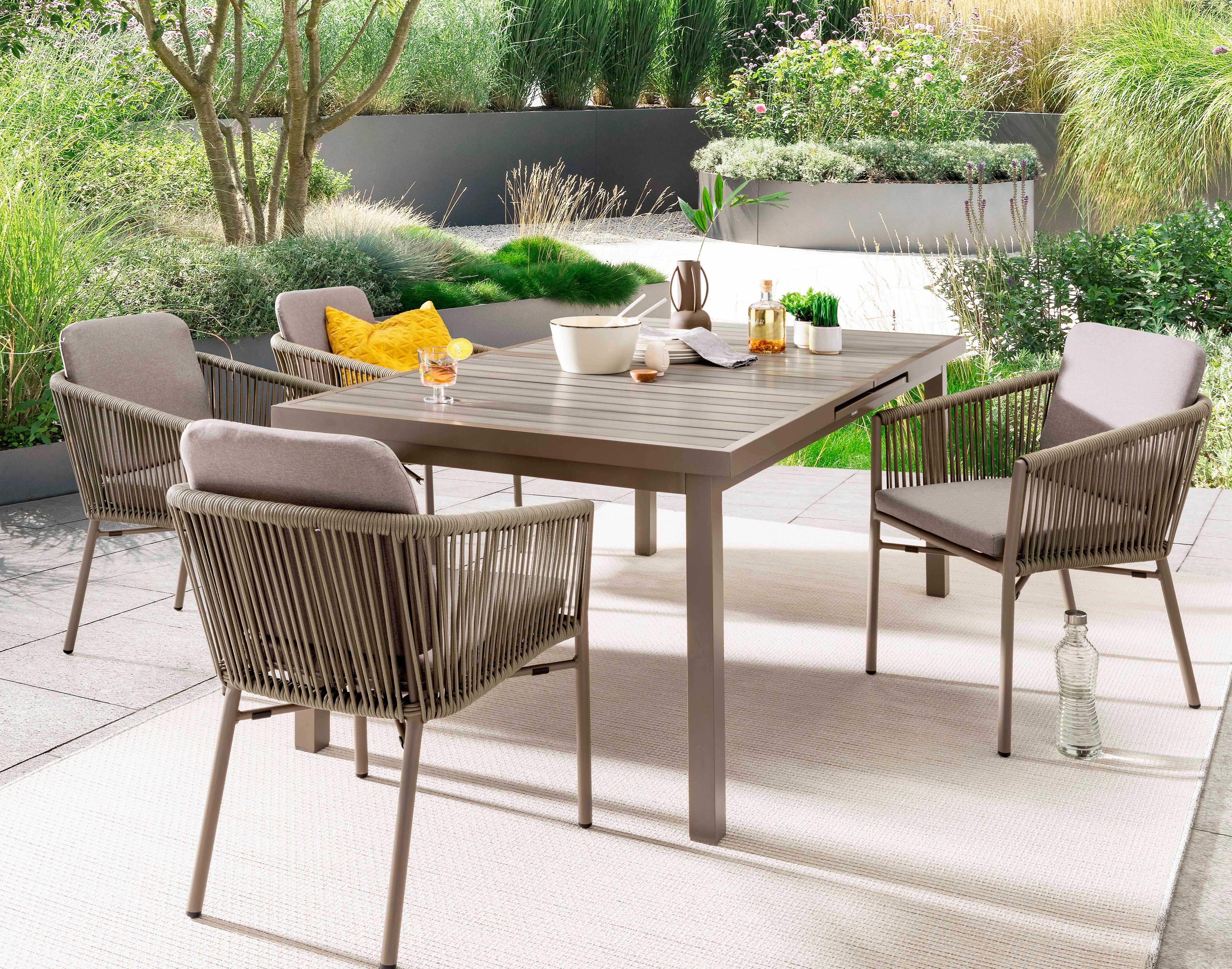 Destiny Garten-Essgruppe LUCCA IMOLA 4 Se + Ausziehtisch 165/215x100cm, taupe, (Set, 13-tlg., 4 Stapelsessel inkl. Polster, 1 Tisch mit Synchronauszug), Aluminium, Rope, Polywood