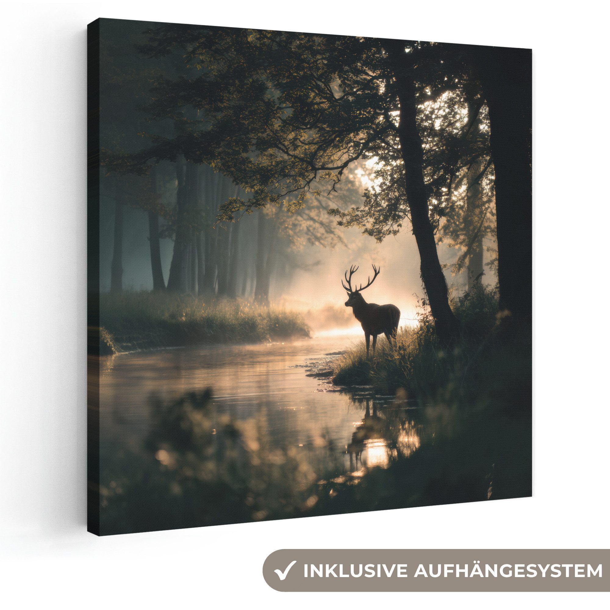 OneMillionCanvasses® Leinwandbild Hirsche - Waldbach - Mystisch, Fotodruck (1 St), Wandbild, Deko Schlafzimmer Wohnzimmer Flur 20x20 cm
