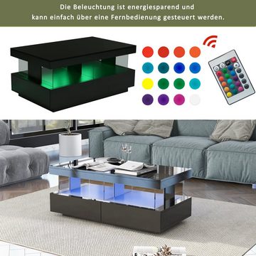 Merax Couchtisch mit LED-Beleuchtung und hochglänzender Tischplatte, Beistelltisch mit 2 Schubladen, Wohnzimmertisch mit Acyrltrennwände