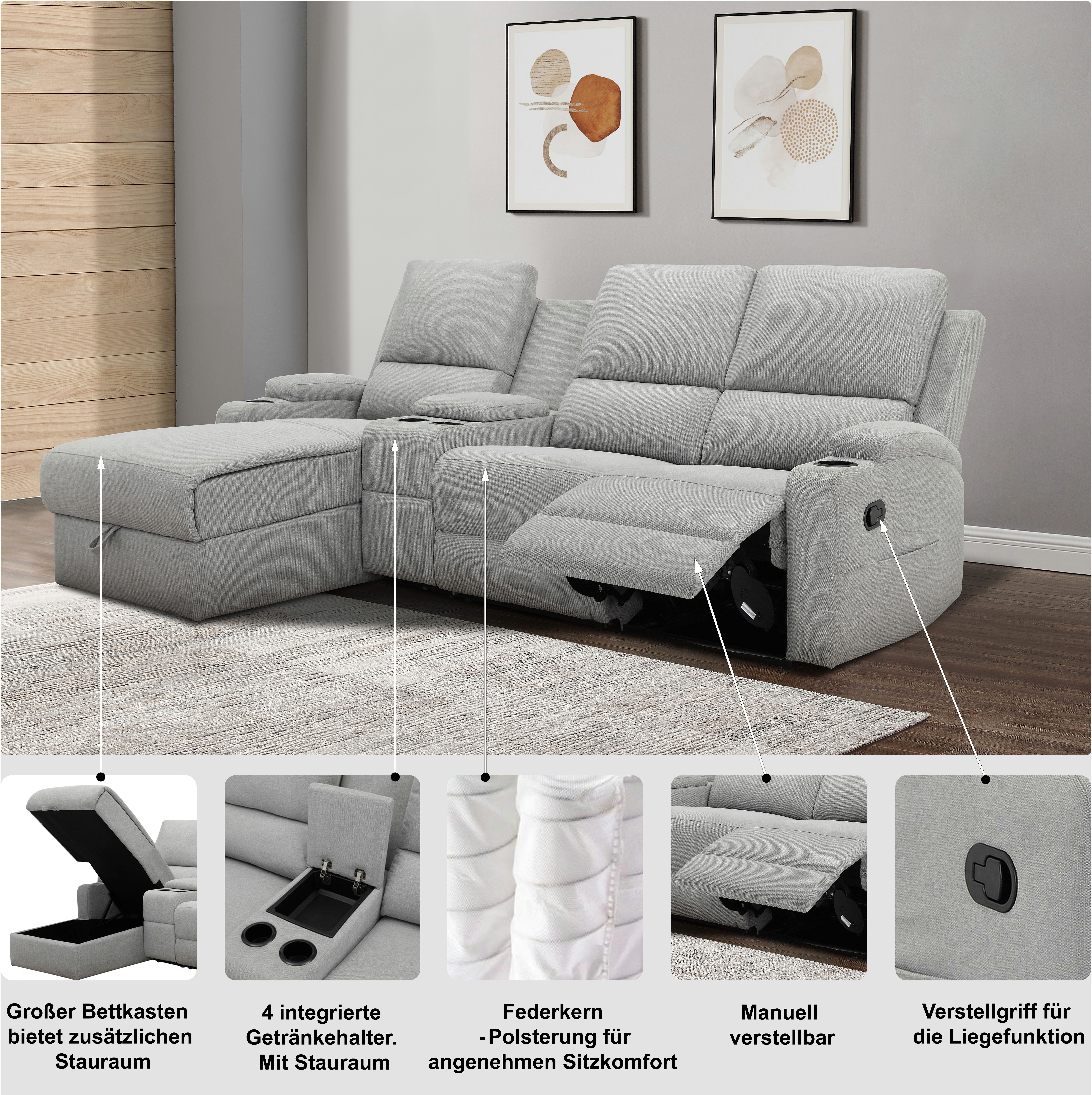 OTTO home Ecksofa NAPORI Multimediasofa, 3er Kinosessel XXL, L-Form, 3 Bezugsstoffe, Kinosofa mit Relaxfunktion, Getränkehalter, Staufach und Staukasten