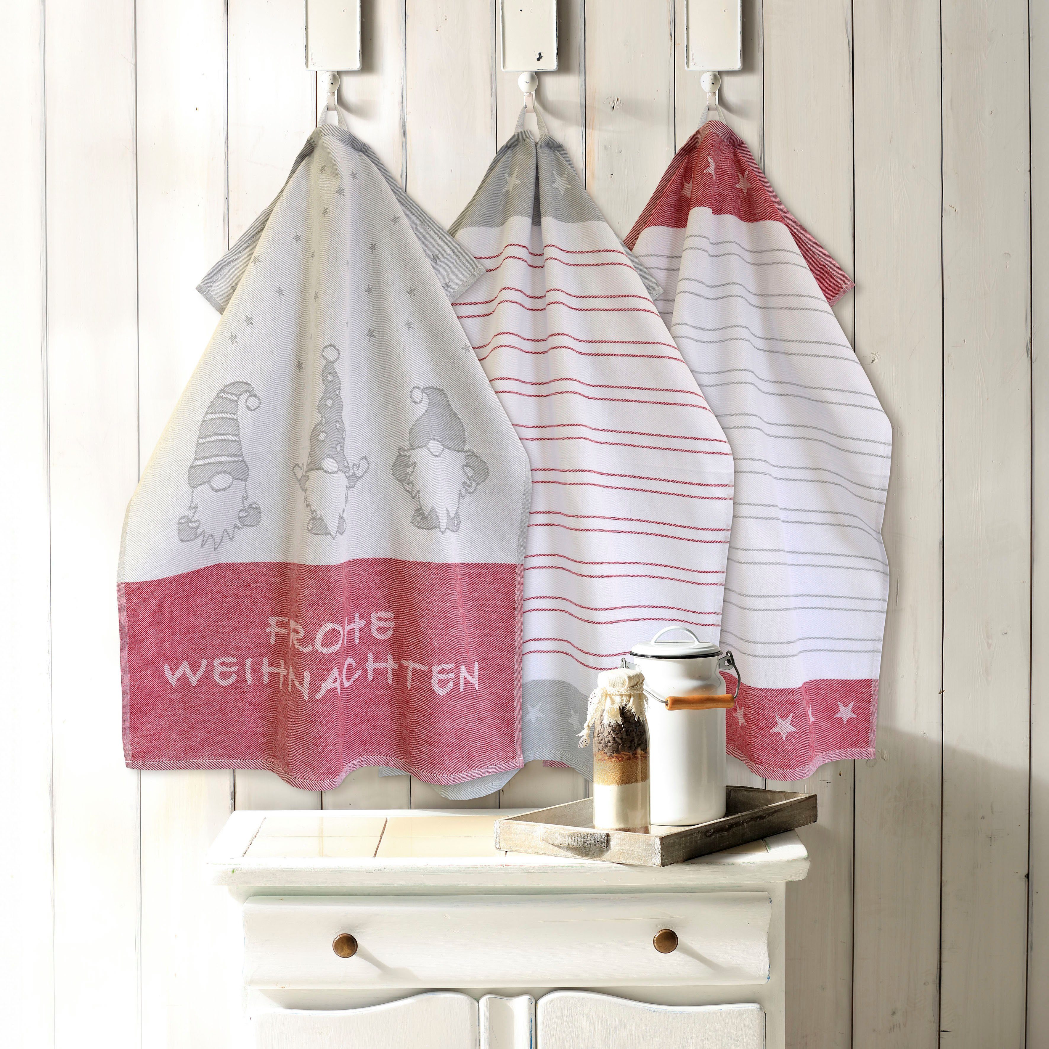 Dyckhoff Geschirrtuch Wichtel, mit Schriftzug Frohe Weihnachten, Streifen und Sternen, (Set, 6-tlg), mit 3 verschiedenen Motiven, Maße je Tuch ca. 50x70 cm, 100% Baumwolle