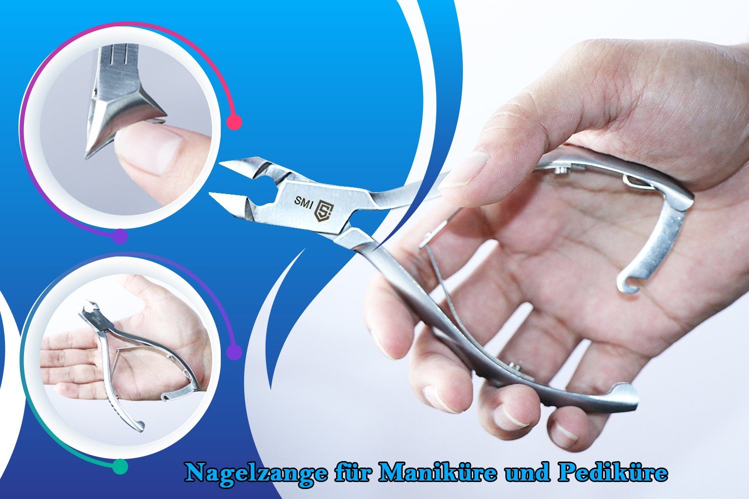 SMI Nagelzange Kopfschneider mit Eckenheber Nagelheber Fußnagelzange Fußpflege, doppelseitig und gebogen