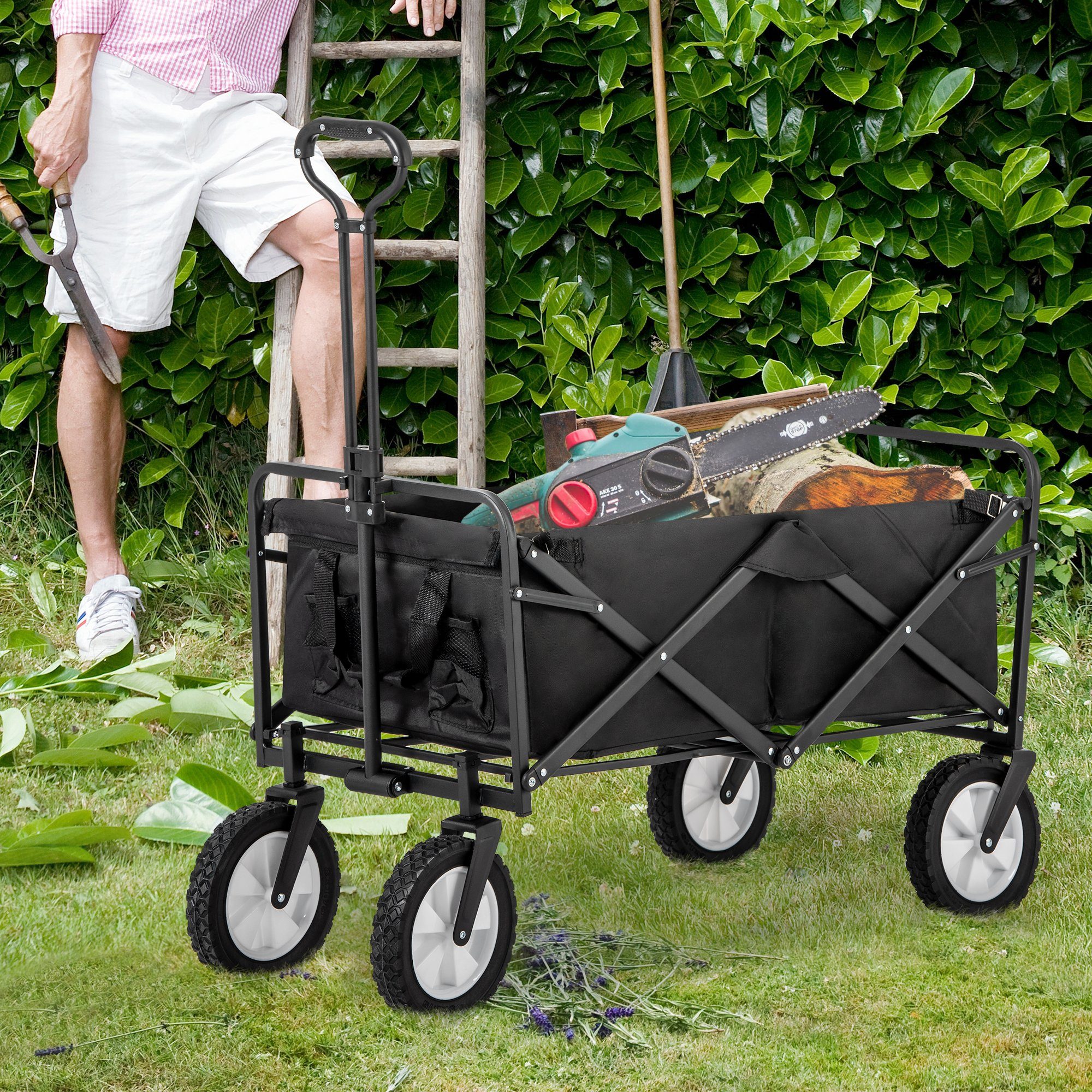 Bollerwagen Griff), Handwagen Terrain mit (tragbar All Gartenwagen Gartenwagen Faltwagen Schwarz bis Bollerwagen Trolley 100kg Faltbarer Strandwagen HAUSS verstellbarem SPLOE 120KG