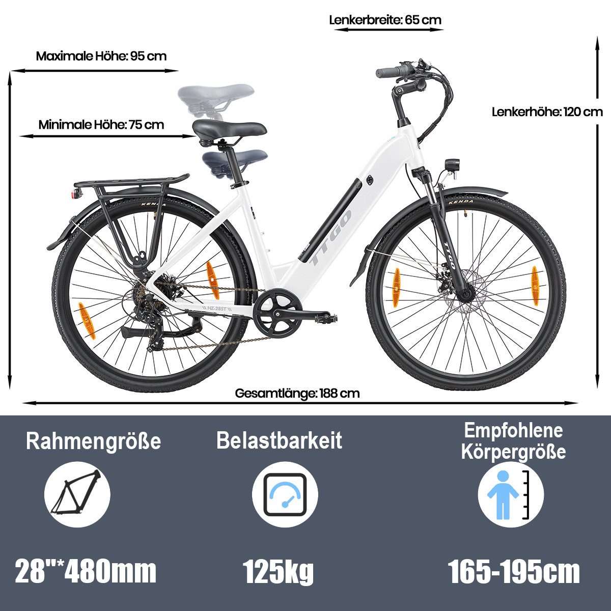 TTGO E-Bike Cityrad HZ-28TS 28 Zoll mit Aluminium-Tiefenrahmen und Gepäckträger, Kettenschaltung, Heckmotor, 720 Wh, Elektrofahrrad E-bikes Schaltwerk, Citybike mit Scheibenbremse