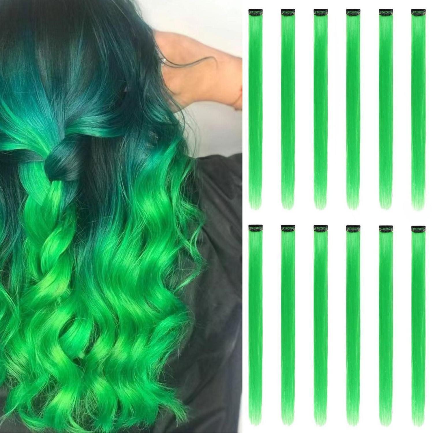 LuxusKollektion Kunsthaar-Extension Haarverlängerungen Clips Anklipsen 12 Stück Grün 55 cm (Einzelpackung)