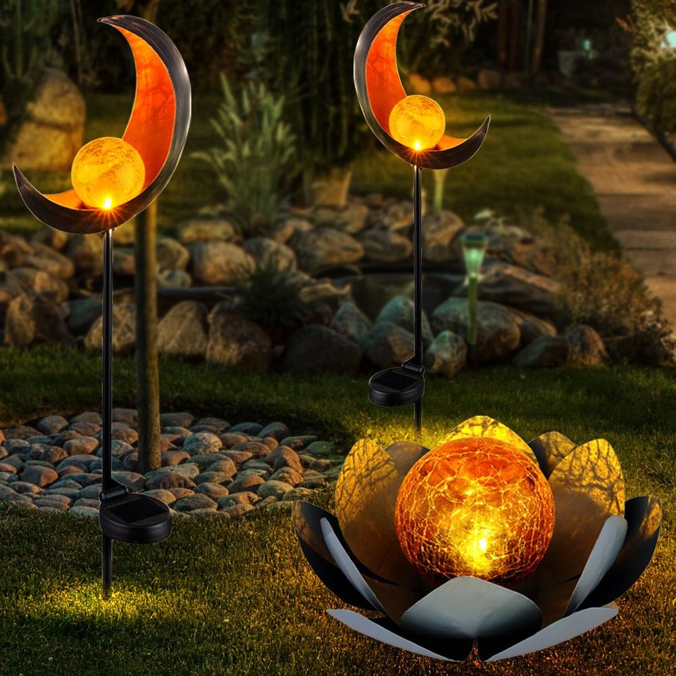 etc-shop Gartenleuchte, LED-Leuchtmittel fest verbaut, 3er Set LED Außen  Solar Lampen Garten Steck Strahler Mond