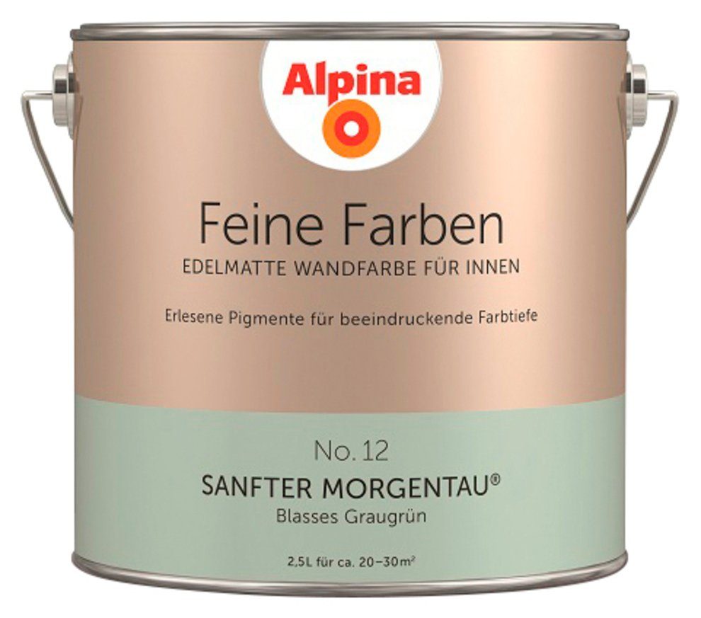 Alpina Wand- und Deckenfarbe Feine Farben No. 12 Sanfter Morgentau, Blasses Graugrün, edelmatt, 2,5 Liter Sanfter Morgentau No. 12