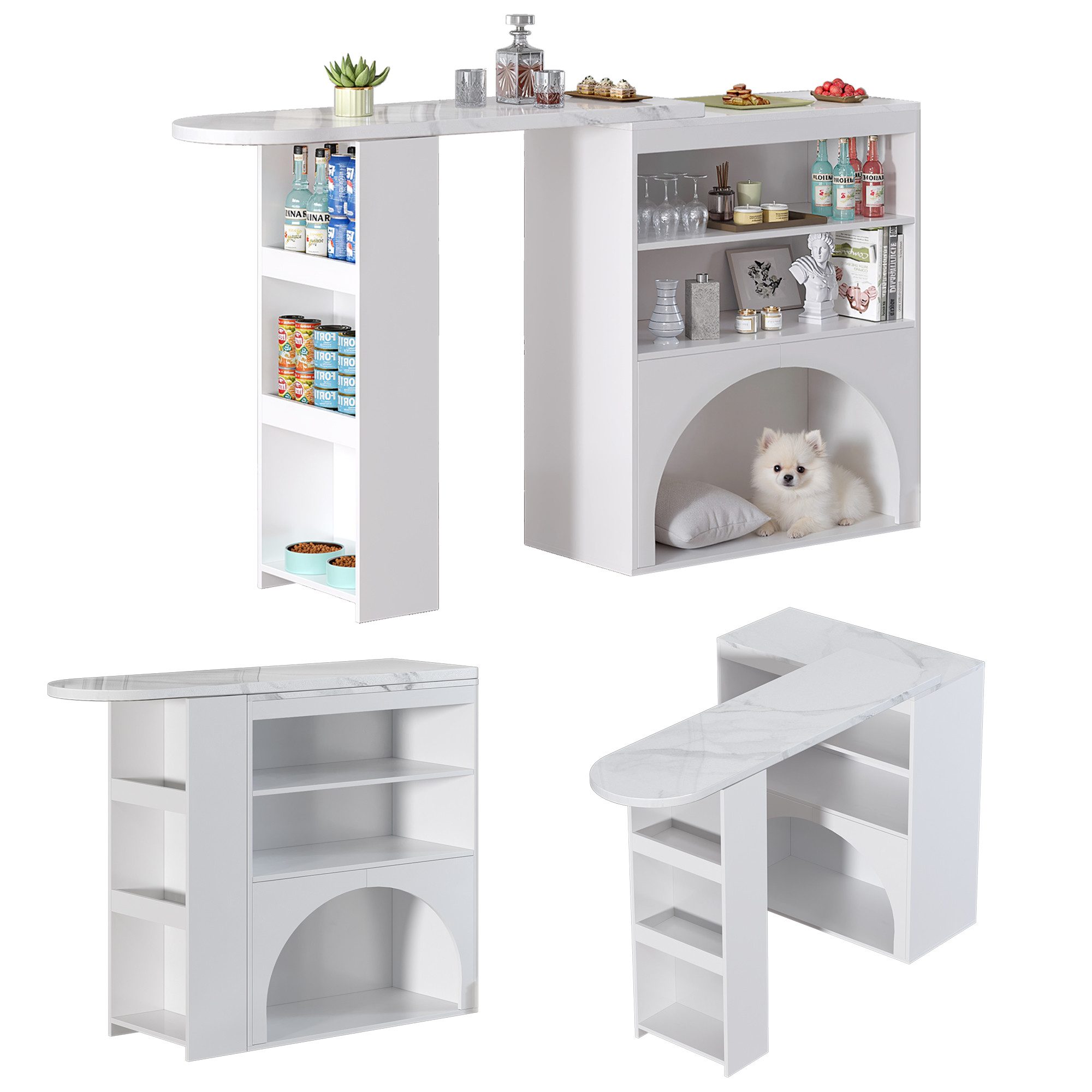 Flieks Bartisch 360° drehbar Esstisch & Sideboard 2-in-1 (Tischplatte in Marmoroptik, 2-St., 2er Set), Stehtisch & Mehrzweckschrank mit offenen Ablagen und Haustierbereich