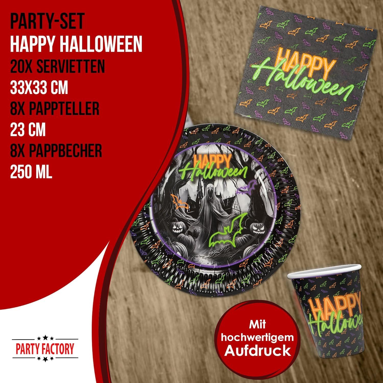 Party Factory Geschirr-Set Halloween Neon 36-teiliges Party-Set mit Teller, Becher und Servietten, 8 Personen, flurszierend - Ideal für Partys mit Schwarzlicht oder UV-Beleuchtung