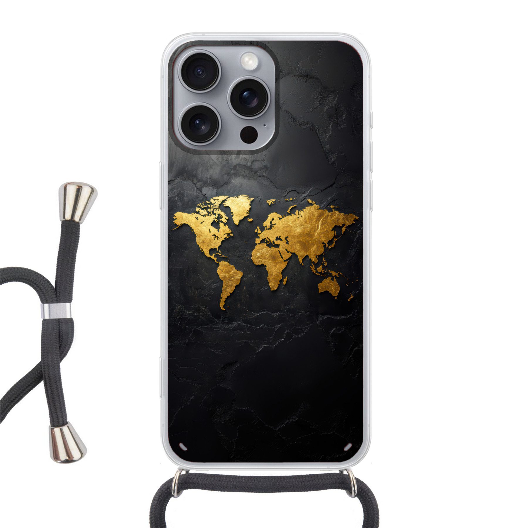 MuchoWow Handyhülle für Apple iPhone 16 Pro Max Weltkarte - Gold - Stein, Tragbare Handyhüllen mit Kette zum umhängen, Handykette Handyband