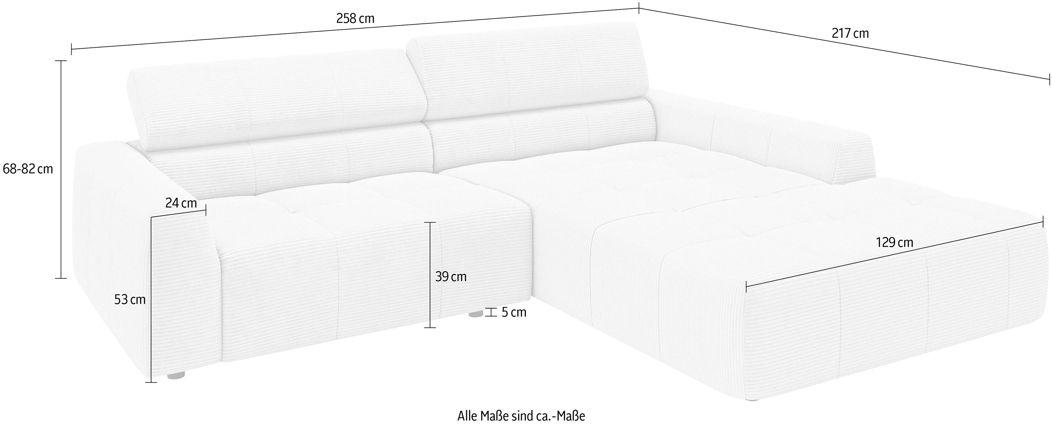 3C Candy Ecksofa Denver auch mit Cord- und Easy care-Bezug, Kopfteilverstellung L-Form, wahlweise. mit motorischer Sitztiefenverstellung