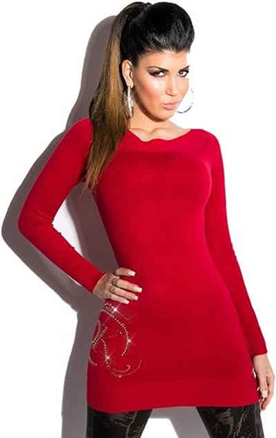 Koucla Longpullover Mini Kleid Strickkleid Pullover rot Strass großes Strass Logo großes Strass Logo