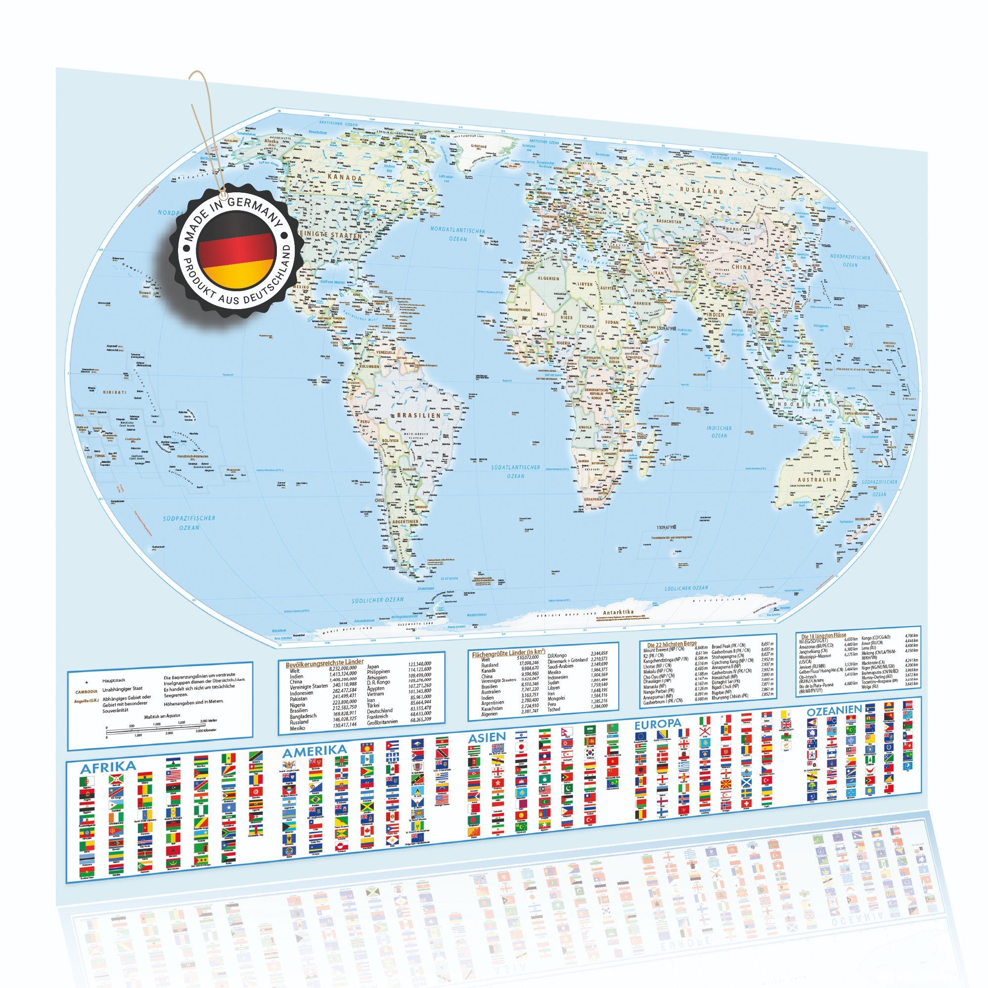 Lineo Poster Weltkarte XXL Equal Earth, Neue Realistische Weltkarte (Poster, 1 St), Equal-Earth-Projektion, Landkarte World Map mit Länderflaggen