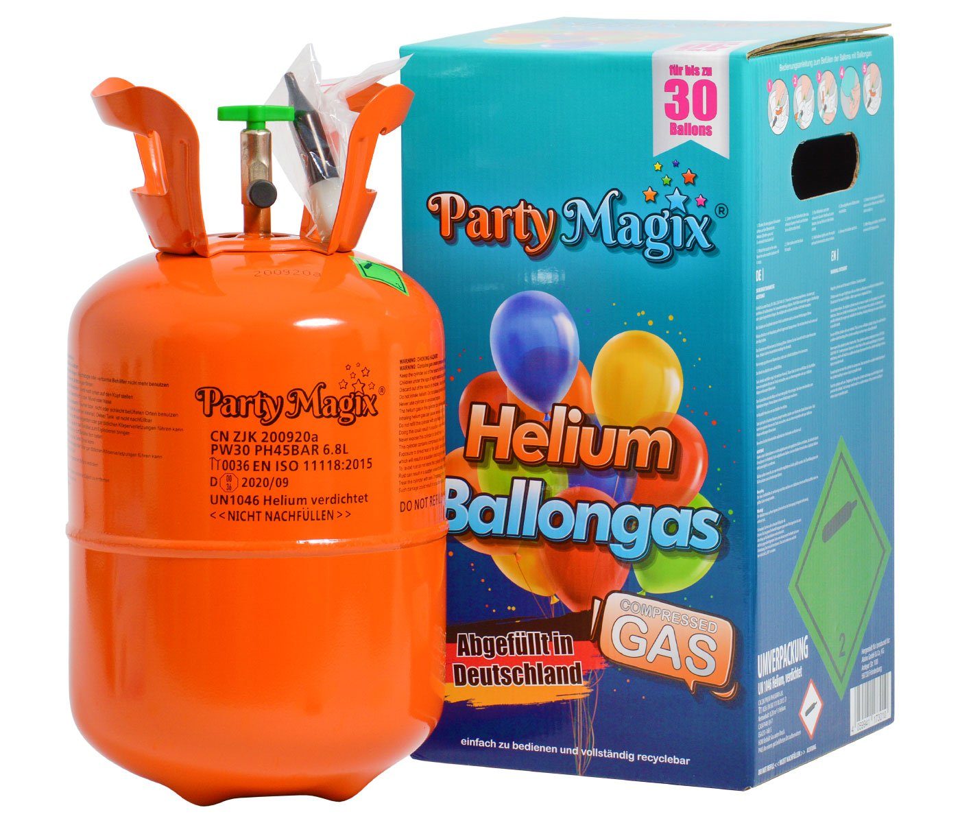 PartyMagix Luftballon PartyMagix Heliumgasflasche Heliumgas für 20 und 30  Ballons Helium Flasche Gasflasche Balloon Gas Ballongas Einweg