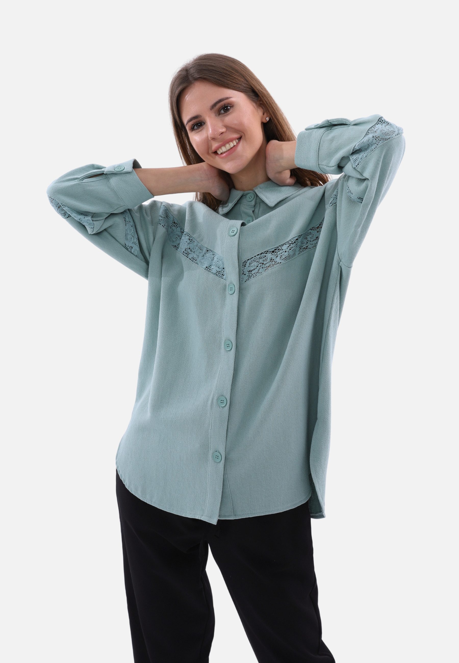 COFI Casuals Langarmbluse Damenhemd mit Spitze-Details günstig online kaufen