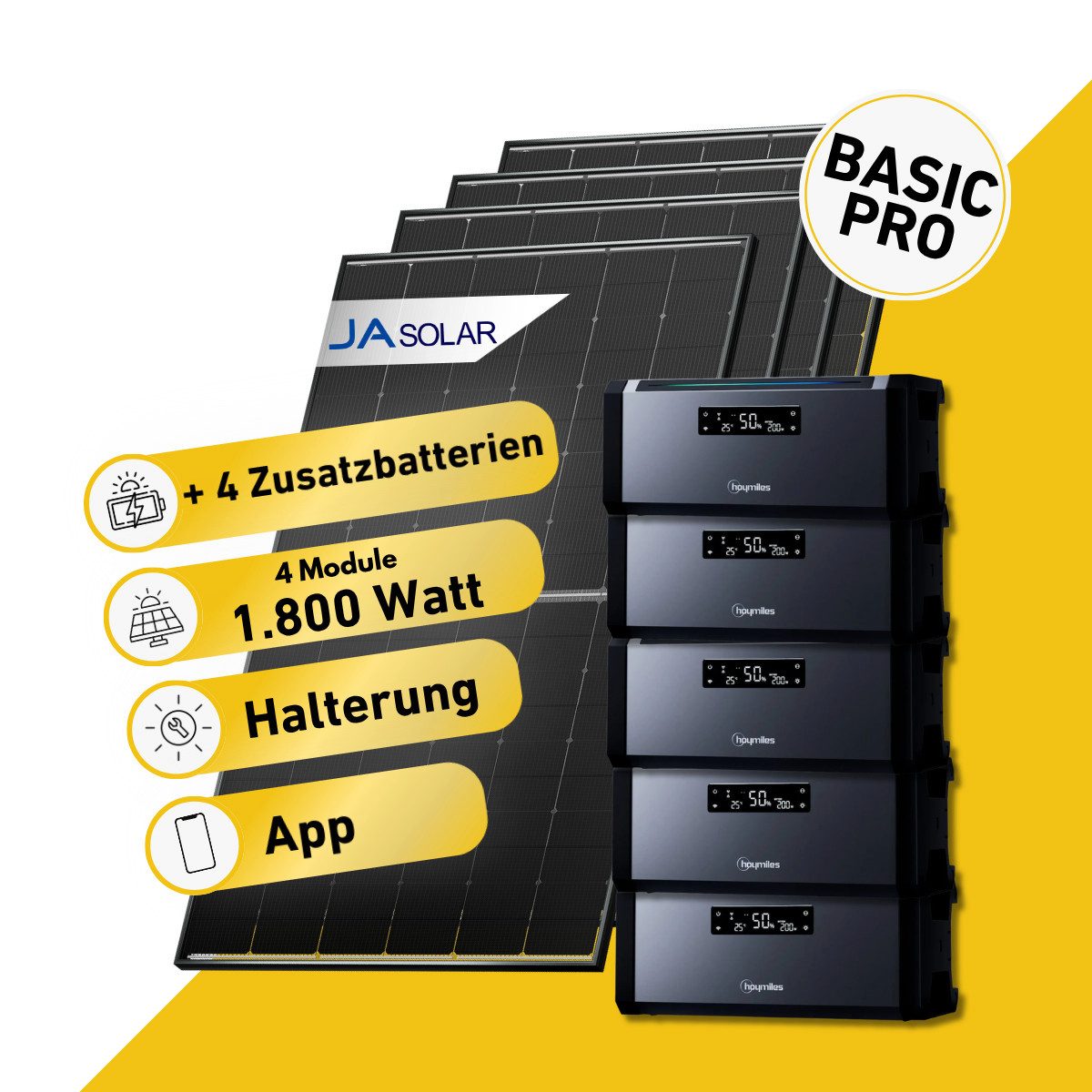 Balkonstrom Balkonkraftwerk Basic Pro 1800W Balkonkraftwerk mit Speicher Komplettset, 1800 W, Monokristallin, (4x JA Solarmodul á 450 Watt, 1x Hoymiles HiBattery 1920 AC, 1-4 Zusatzspeicher Hoymiles HiBattery), Halterung für Dach, Fassade, Balkon & Garten, App & Plug&Play DE