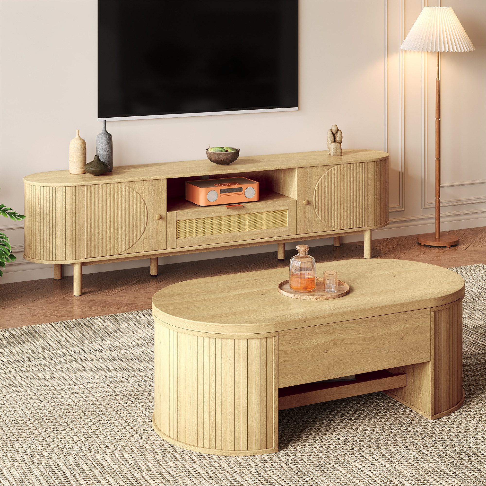 MODFU Wohnzimmer-Set mit großem Stauraum, (natürliche Holzoptik, 2-St., mit Rattan-Details), praktisches Fach und Kabelmanagement