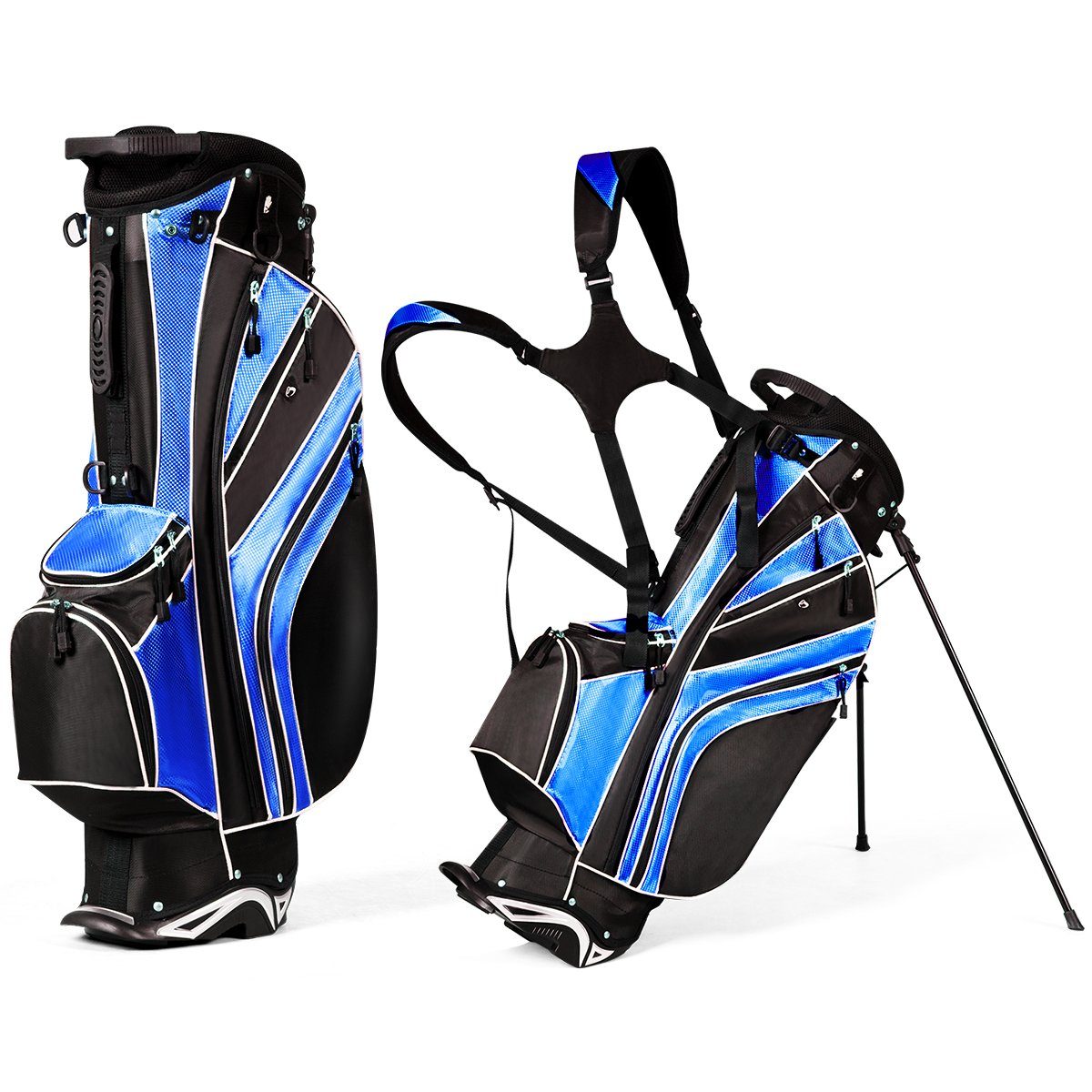 COSTWAY Golftrolley + Golfbag, mit Ständer, Regenschirmhalter blau+schwarz | Golf Sets