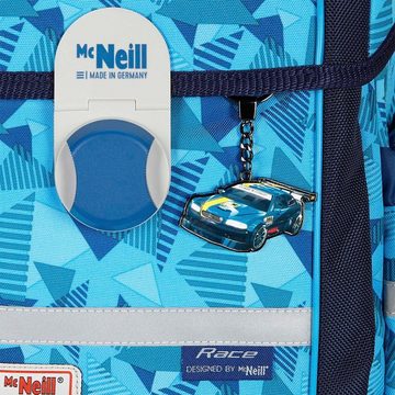 McNeill Schulranzen Ergo Complete (Set, 9-tlg.-tlg., inkl. Federmäppchen und Sporttasche), RACE blau mit Motivmagnet Renn-Auto