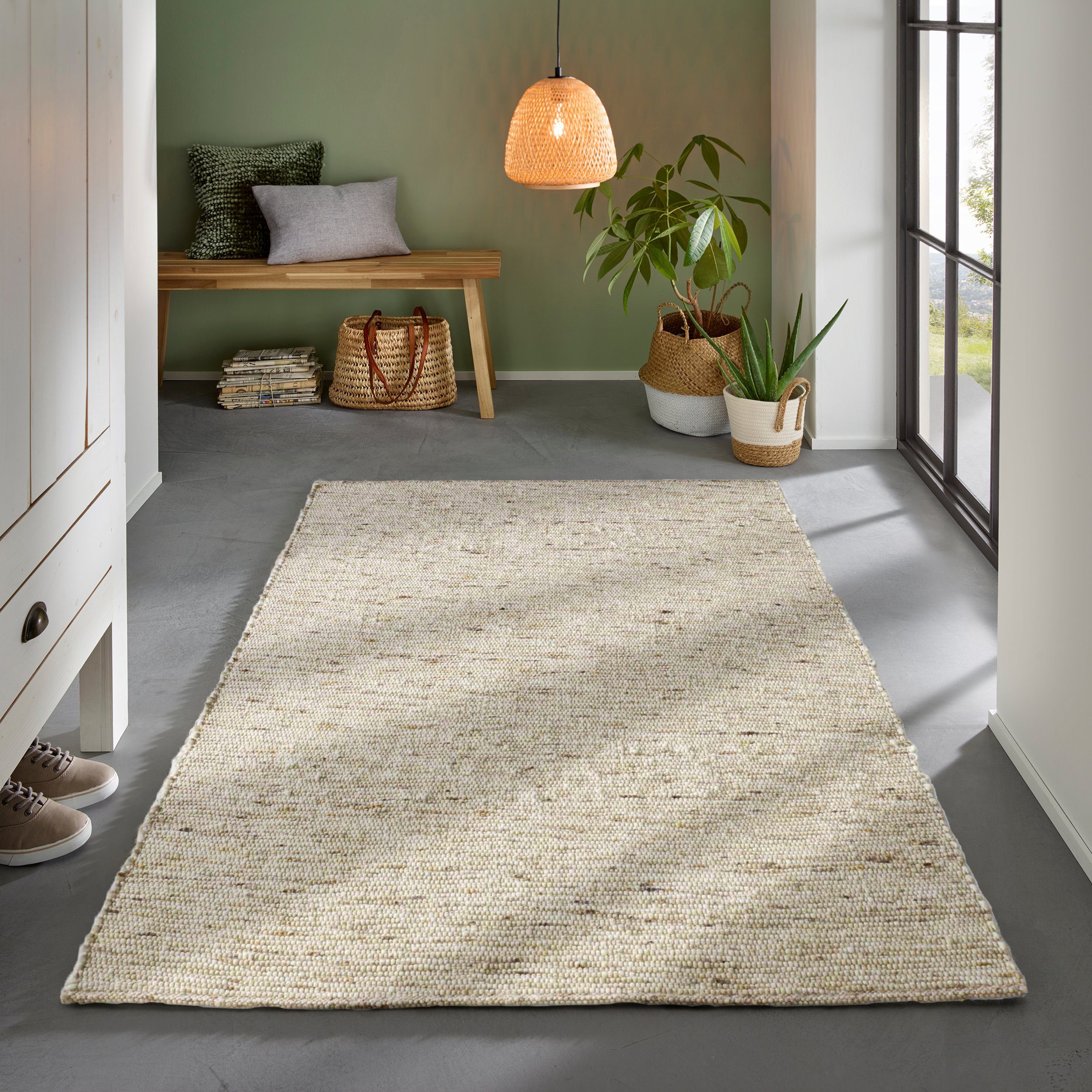 TaCa Home Wollteppich Gewalkter Handweb Woll-Teppich mit zweifarbigem DUO Schuss, rechteckig, Höhe: 9 mm, nachhaltige Schurwolle Wohnzimmer Schlafzimmer, Natur - 170 x 230 cm