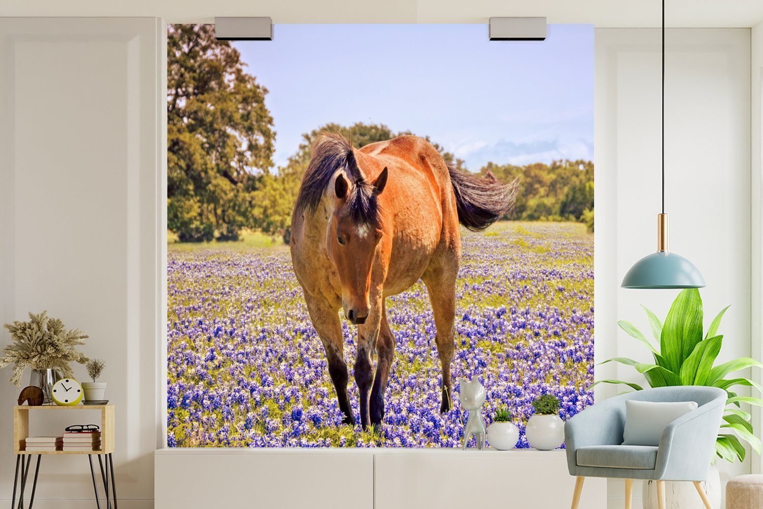 - St), Wohnzimmer (5 Fototapete für Schlafzimmer, MuchoWow Pferd bedruckt, - Blumen - Lila, oder Vinyl Wandtapete Matt, Bauernhoftier Tapete