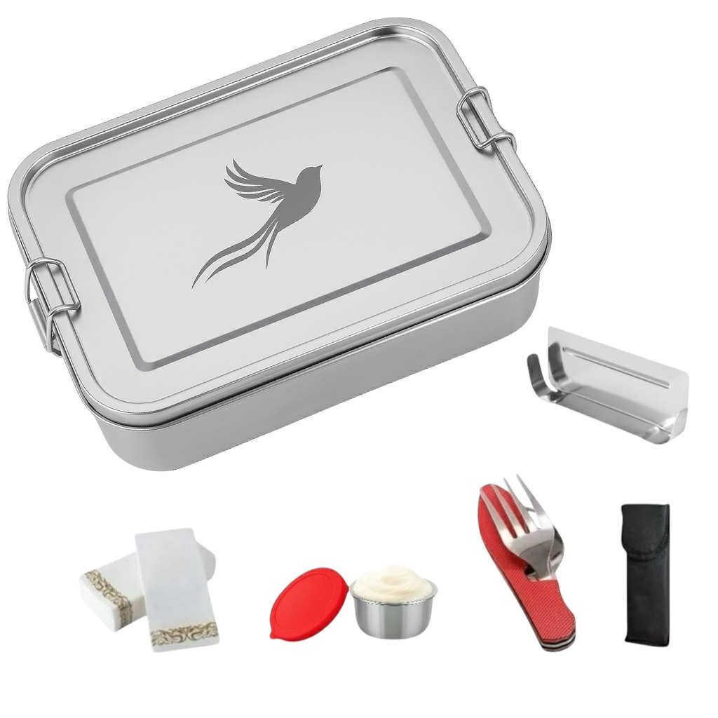 Little Lorien Lunchbox Brotdose Edelstahl 1200ml, 2 Fächer, Besteck, Trennwand & Servietten, Edelstahl, (5-tlg., 1 Brotdose, 1 Trenner, 1 Campingbesteck, 10 Papierservietten, 1 Sauce-Dose), Wiederverwendbar,auslaufsicher,Campingbesteck,Edelstahl,leicht,rubust