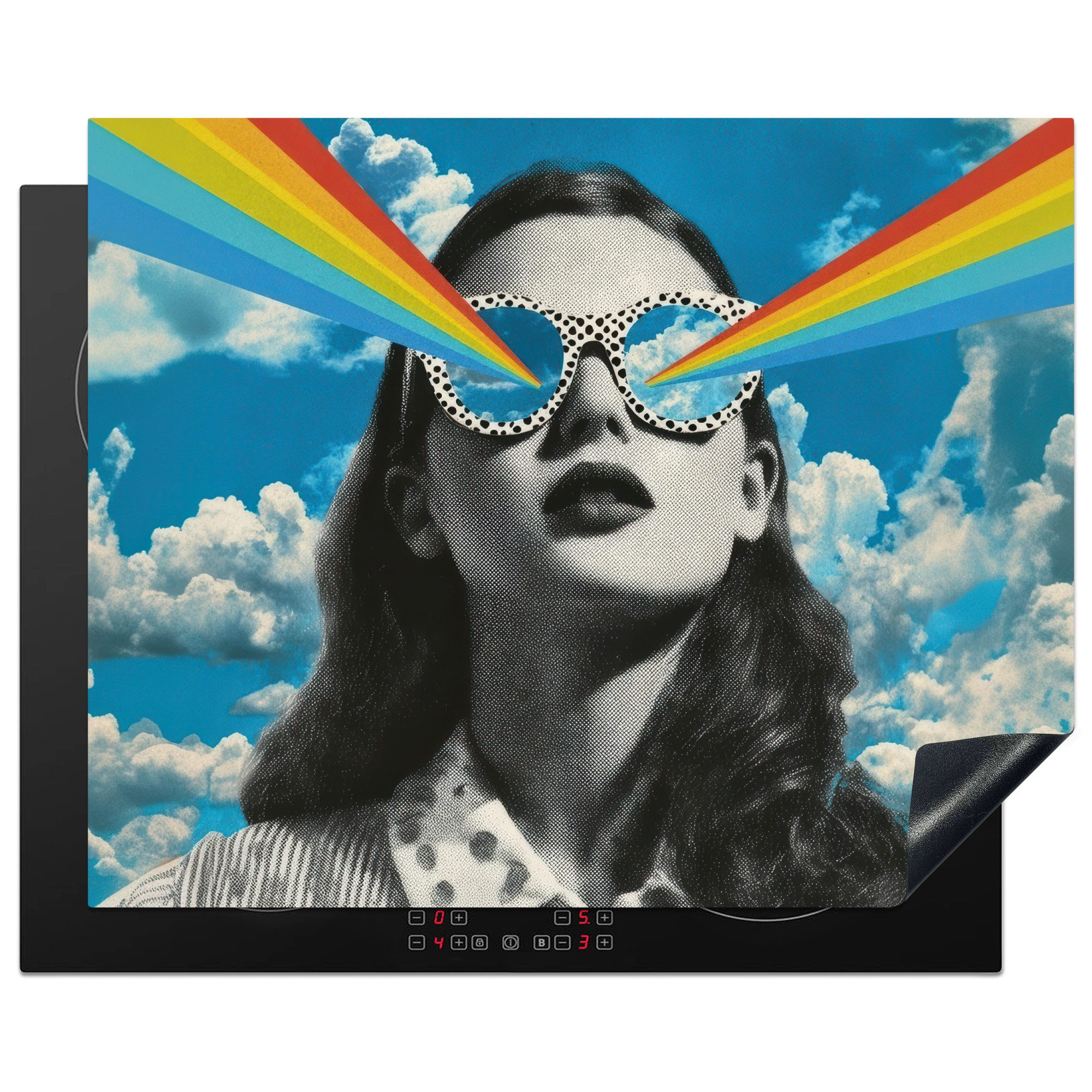 MuchoWow Herd-Abdeckplatte Frau - Brille - Regenbogen - Wolken, Vinyl, (1 tlg), Herdabdeckplatten für Ceranfeld, Induktionsschutz, 65x55 cm