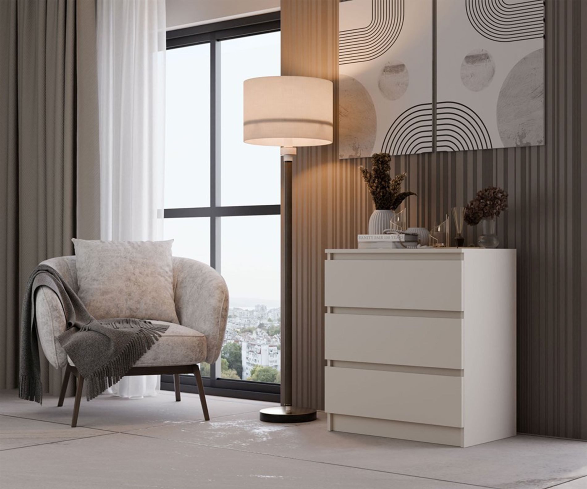 Selsey Kommode MALWA, Stauraumkommode, Schubladen mit Auszugsstopp, Weiß, Grau, Greige