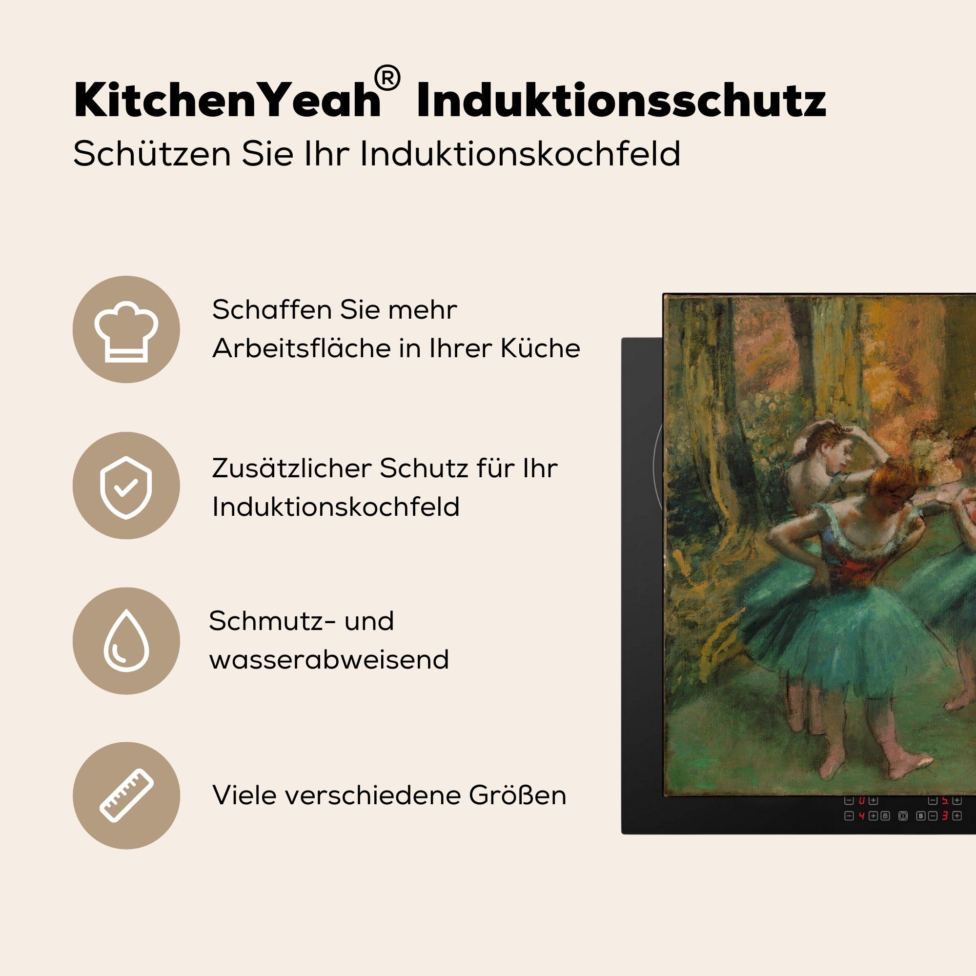 MuchoWow Herdblende-/Abdeckplatte Tänzerinnen Rosa und Grün Gemälde - Ceranfeldabdeckung, tlg), küche 78x78 von Vinyl, cm, Arbeitsplatte Edgar (1 Degas, für