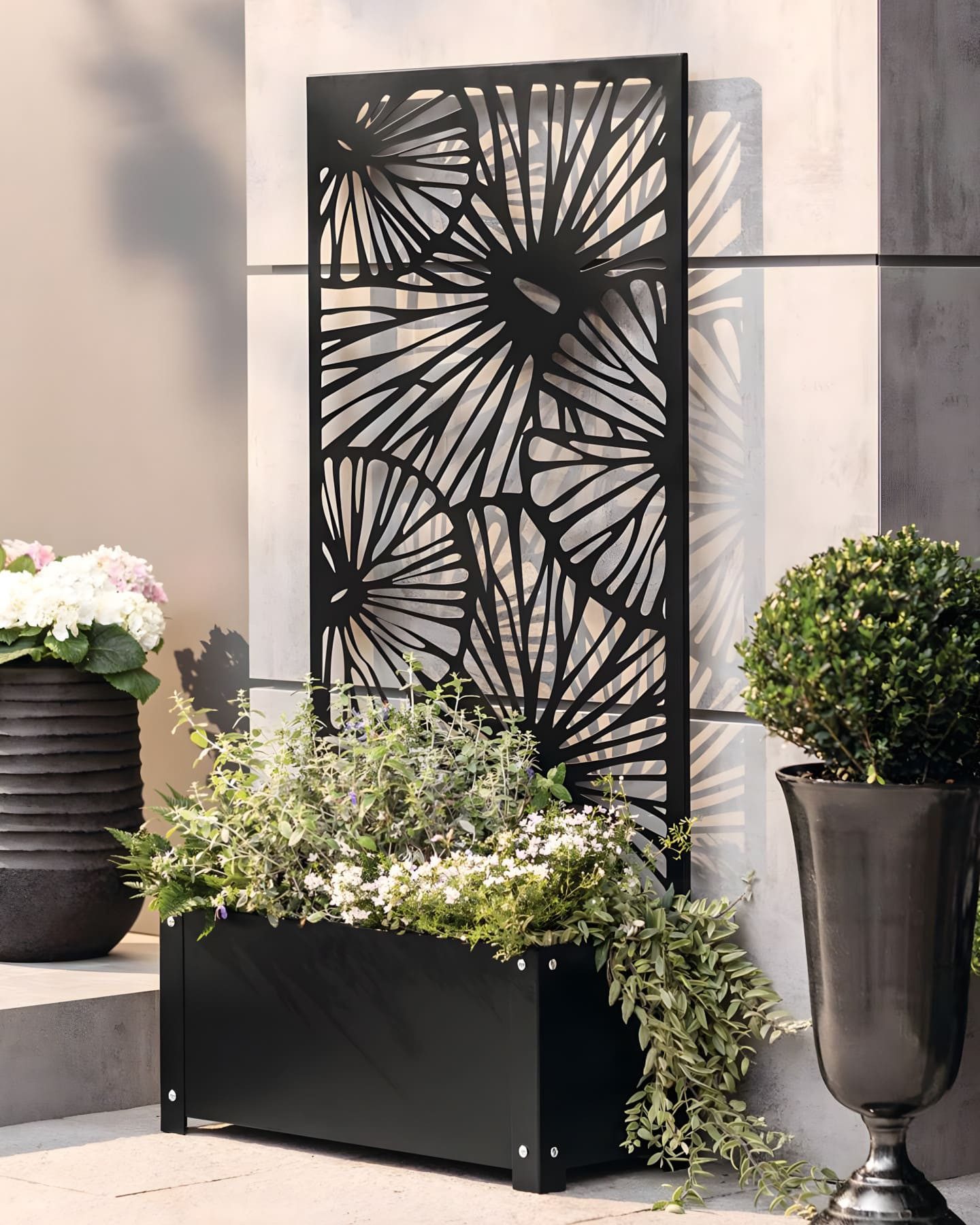 Dekoleidenschaft Blumenkasten mit Rankgitter, Metall schwarz, Pflanzkasten mit Spalier, 60x24x24 cm, mit Rankhilfe 122 cm hoch, Hochbeet mit Sichtschutz