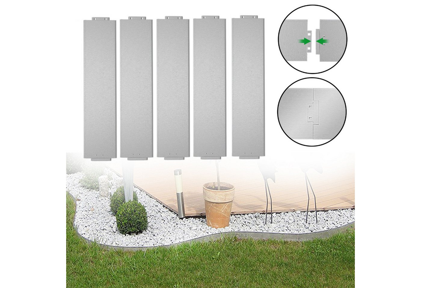 FIVMEN Beetumrandung Rasenkante Metall 5m Beeteinfassung Verzinkt, Silber/Schwarz, 100x15cm/100x18cm per Stück