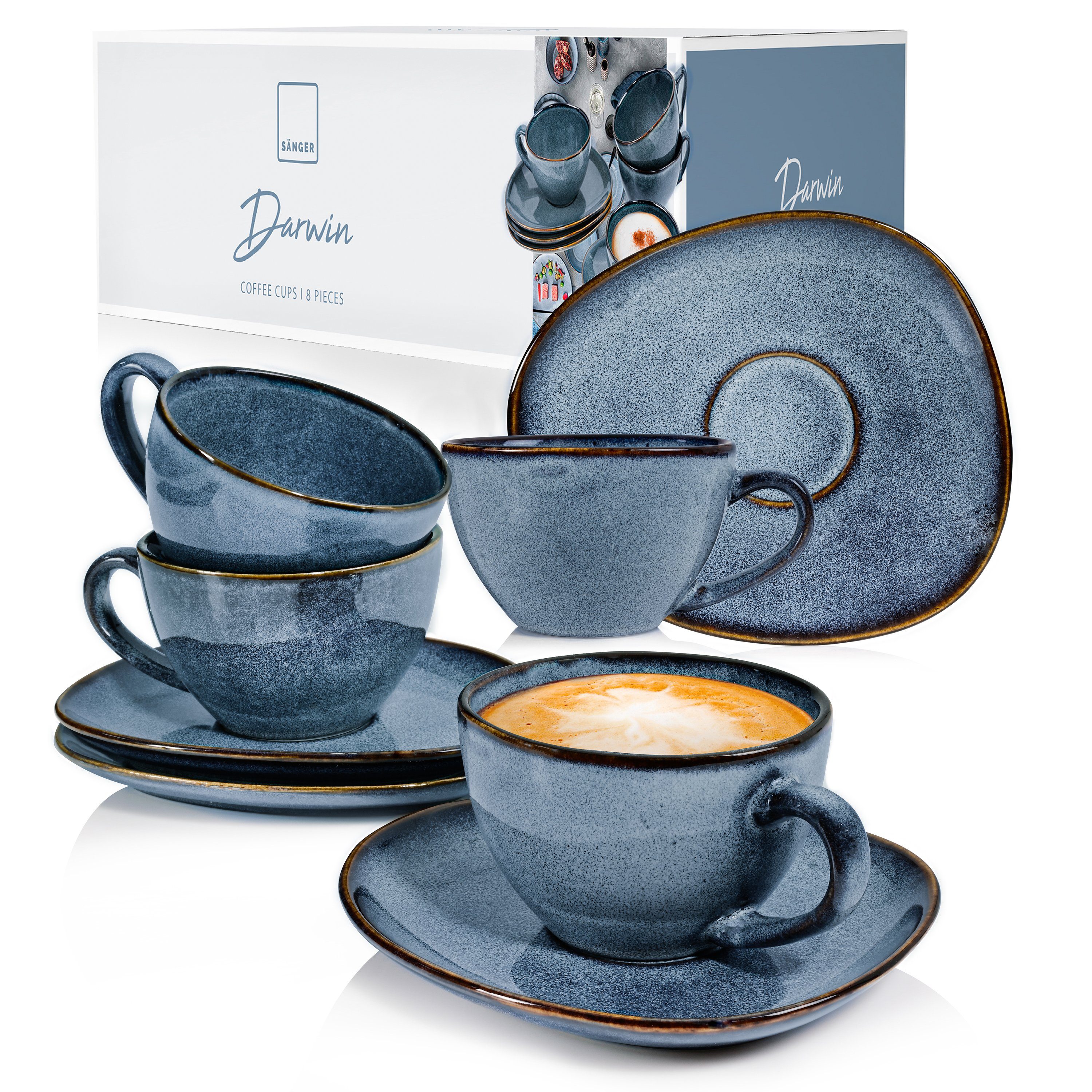 SÄNGER Kaffeeservice Darwin Kaffeetassen Set (8-tlg), 4 Personen, Steingut, Handmade, 300 ml, Blau, Premium Collection