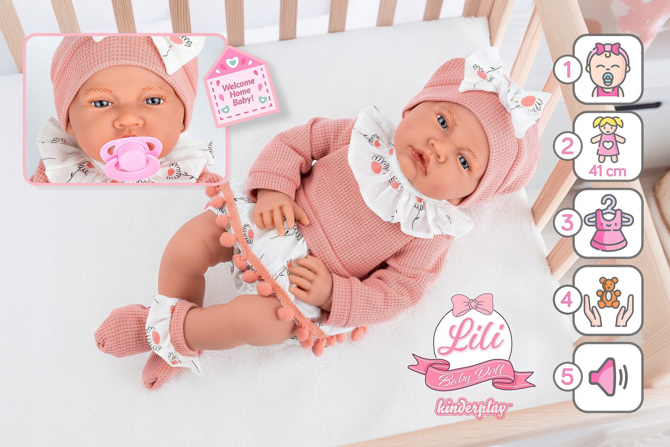 Kinderplay Dolls & Strollers Baby Doll Interactive Baby Doll 41 cm – Talks & With Pacifier – Realistic (Set)