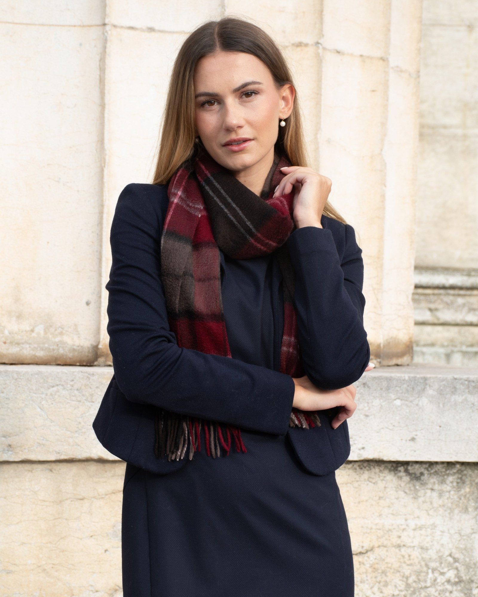 MayTree Kaschmirschal Unisex, 180 x 30cm, mit Fransen, gewebt kariert Tartan Rot Braun, (Stück, 1-St), 100% Kaschmir