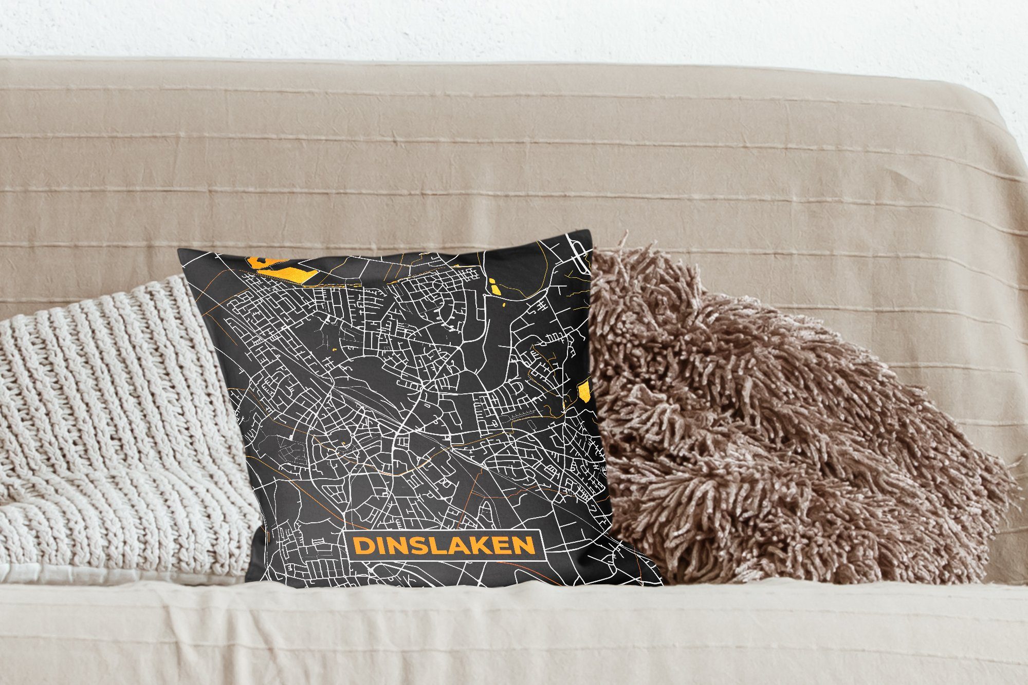 Wohzimmer, Gold - Karte, Zierkissen mit MuchoWow Deko, Sofakissen Füllung Dinslaken - Dekokissen Schlafzimmer, für Deutschland - Stadtplan -