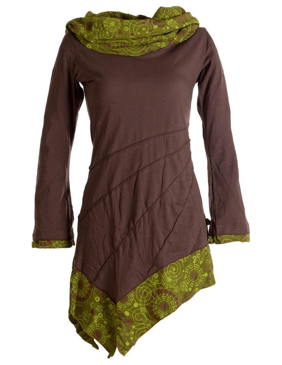 mit Baumwolle aus Style Vishes dunkelbraun Schalkragen Asymmetrisches Goa, Hippie, Ethno, Boho Kleid Jerseykleid