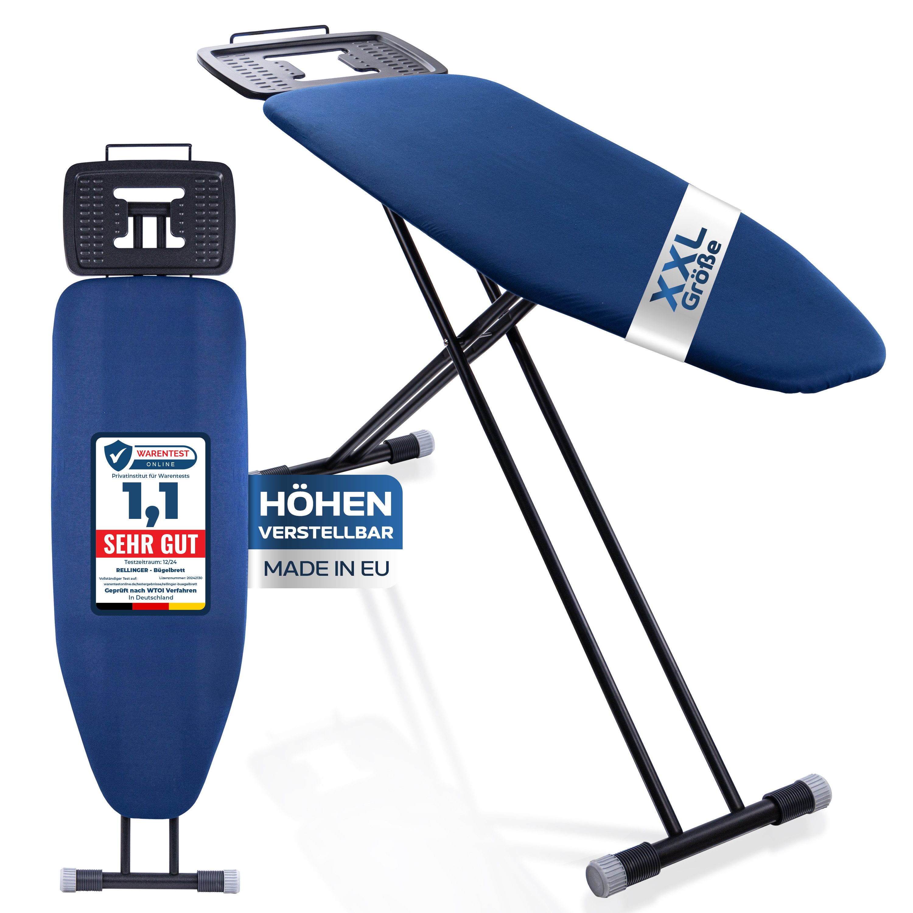 Rellinger Bügelbrett Premium XXL 120x42cm Bügelfläche [EXTRA STABIL & HÖHENVERSTELLBAR]