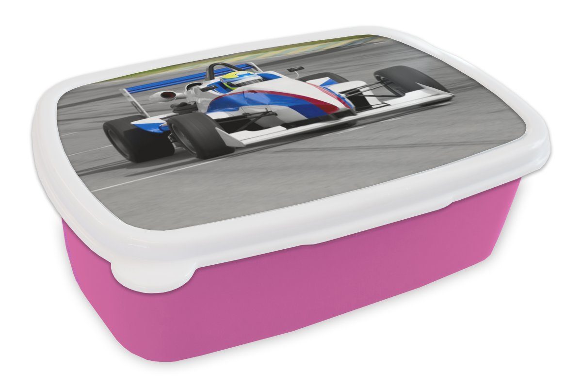 MuchoWow Lunchbox Rennwagenrennen auf einer Rennstrecke, Kunststoff, (2-tlg), Brotbox für Erwachsene, Brotdose Kinder, Snackbox, Mädchen, Kunststoff rosa