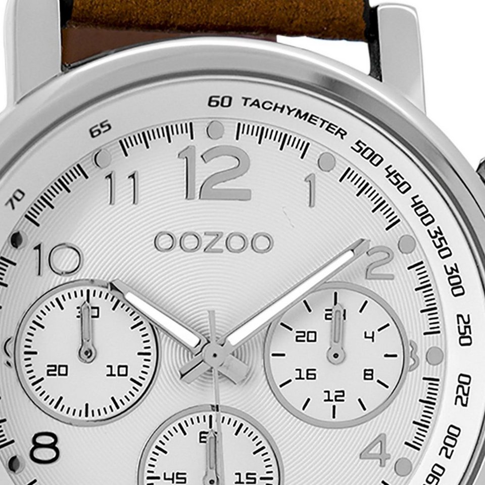 OOZOO Quarzuhr Oozoo Herren Armbanduhr braun, Herrenuhr rund, extra groß  (ca. 48mm) Lederarmband, Fashion-Style, Ziffernblatt mit silbernen Zahlen  und Indexen