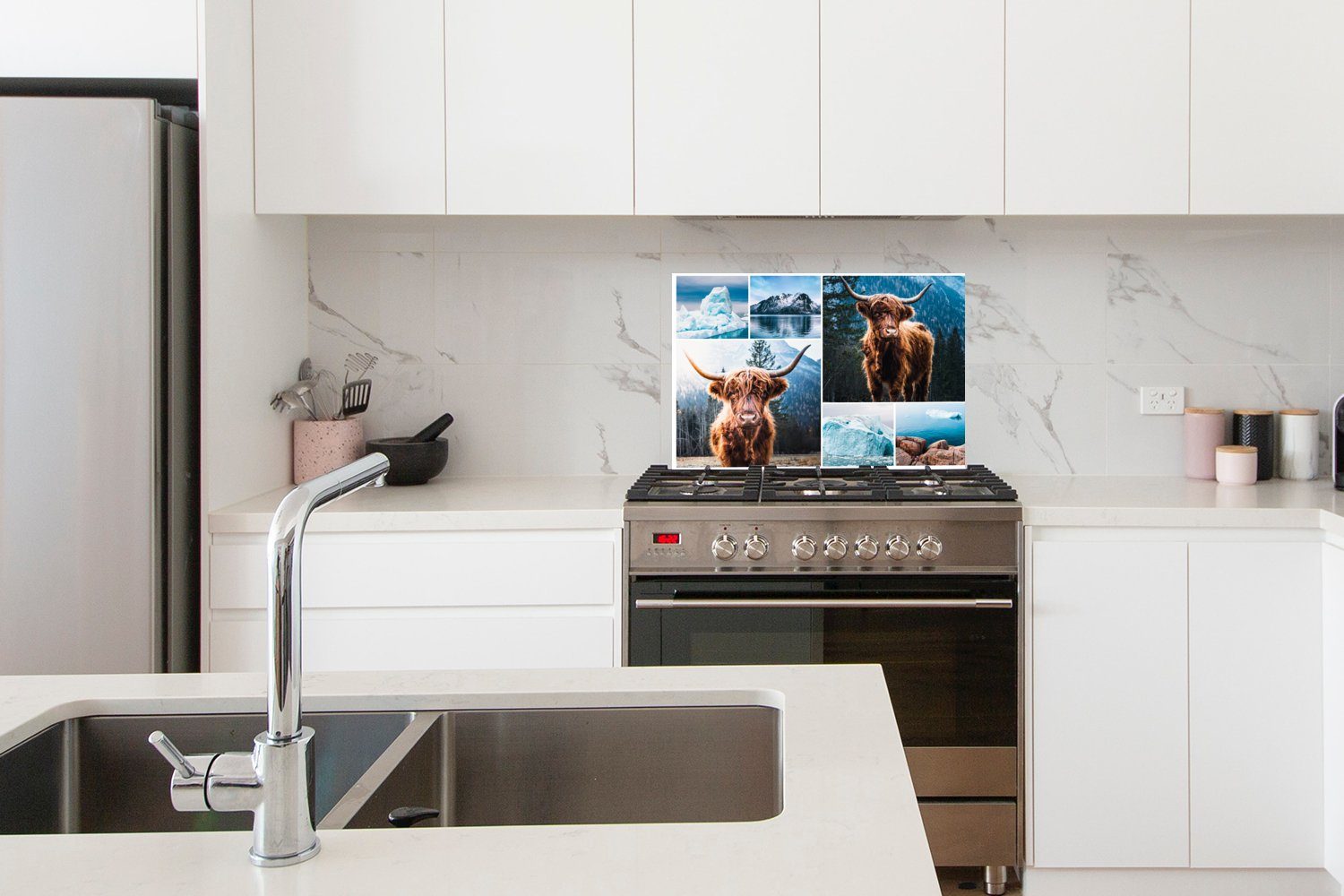 MuchoWow Küchenrückwand Collage, Schottischer Herdblende aus Wandschutz, Temperaturbeständig (1-tlg), cm, küchen 60x40 Highlander - Berg 
