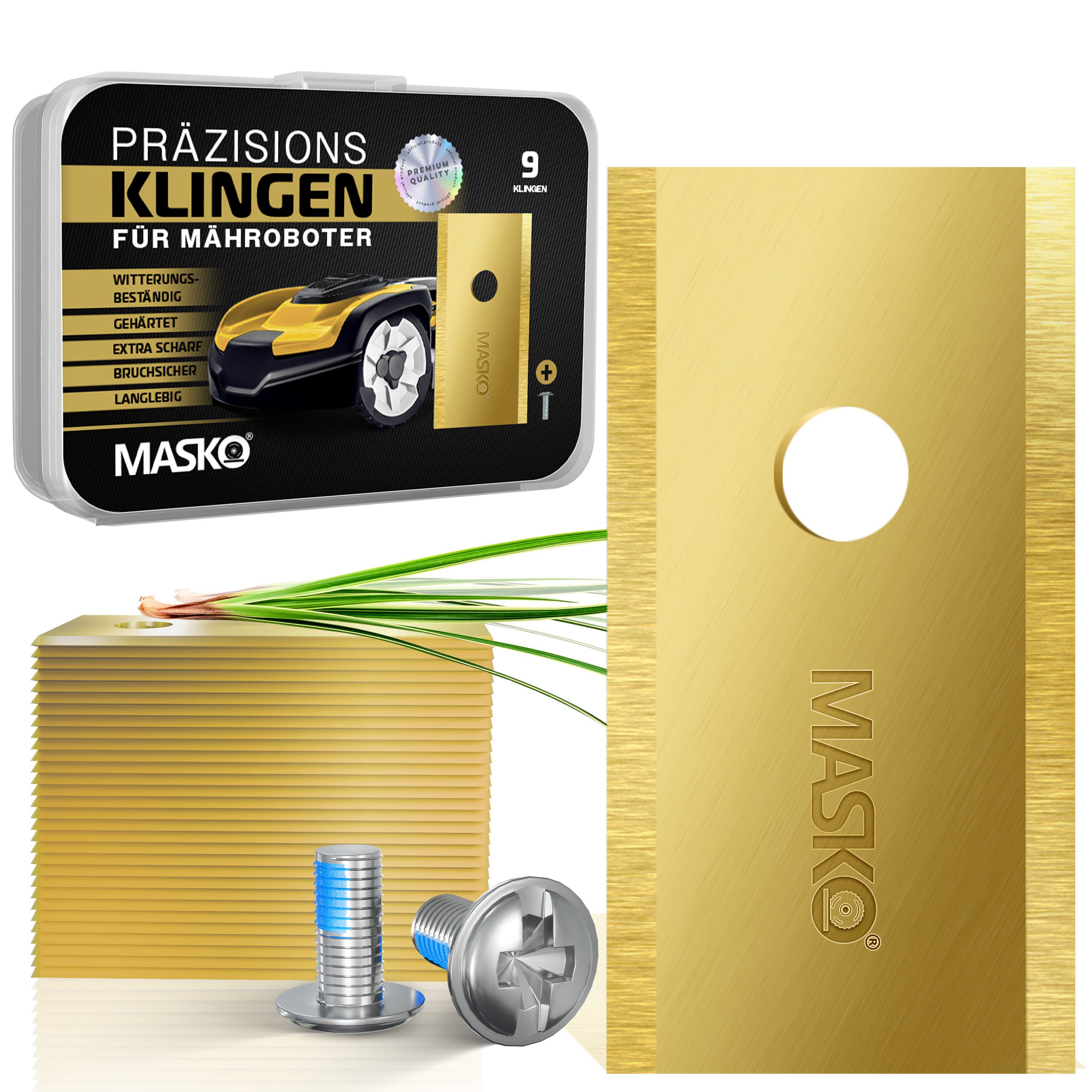 MASKO Mährobotermesser (9-St), Ersatzmesser Klingen für Mähroboter langlebig Titan-Beschichtung goldfarben