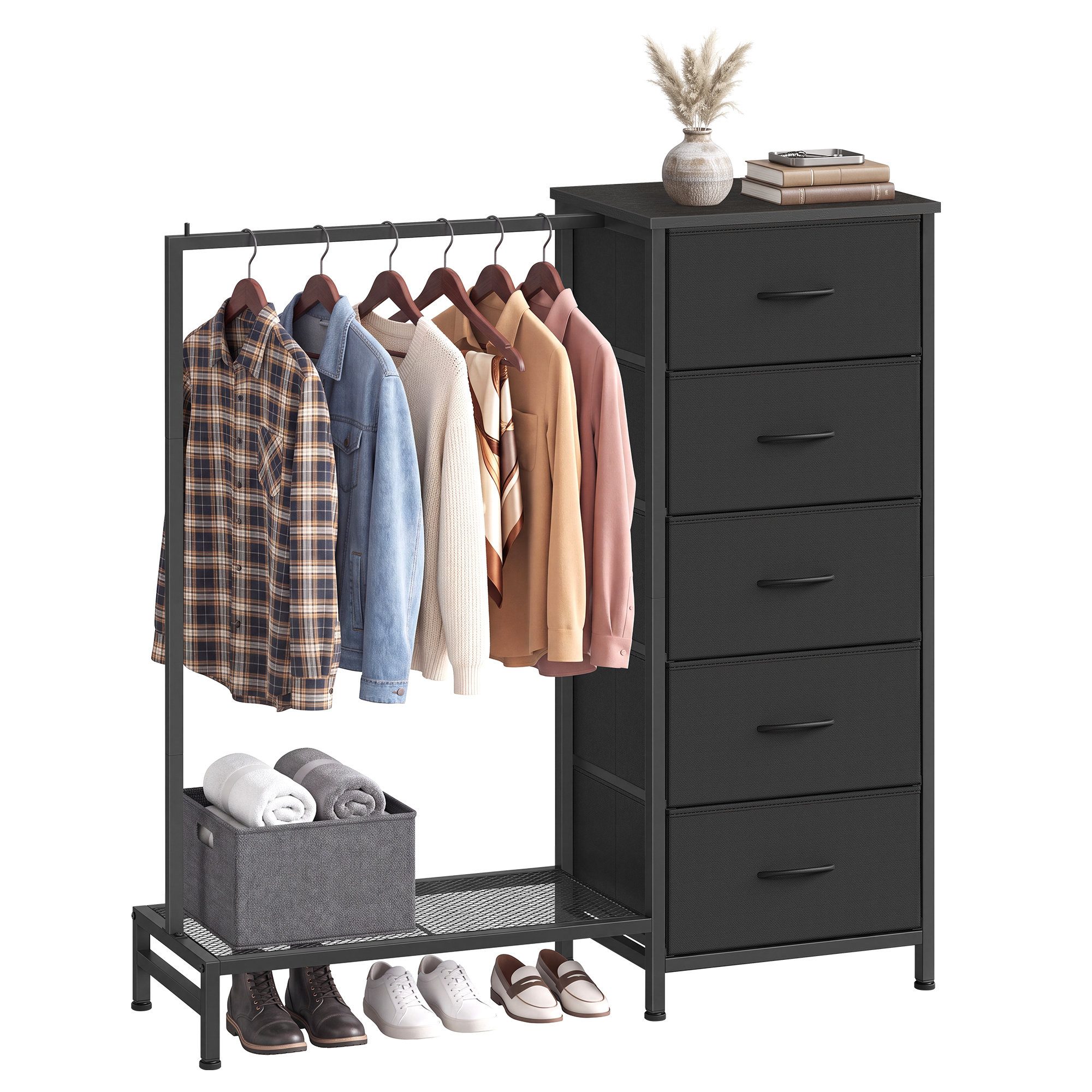 SONGMICS Kleiderständer mit Kleiderstange und Schuhablage, für Schlafzimmer, Flur, Garderobenständer mit 5 Stoffschubladen, 96,2 x 30 x 117,7 cm