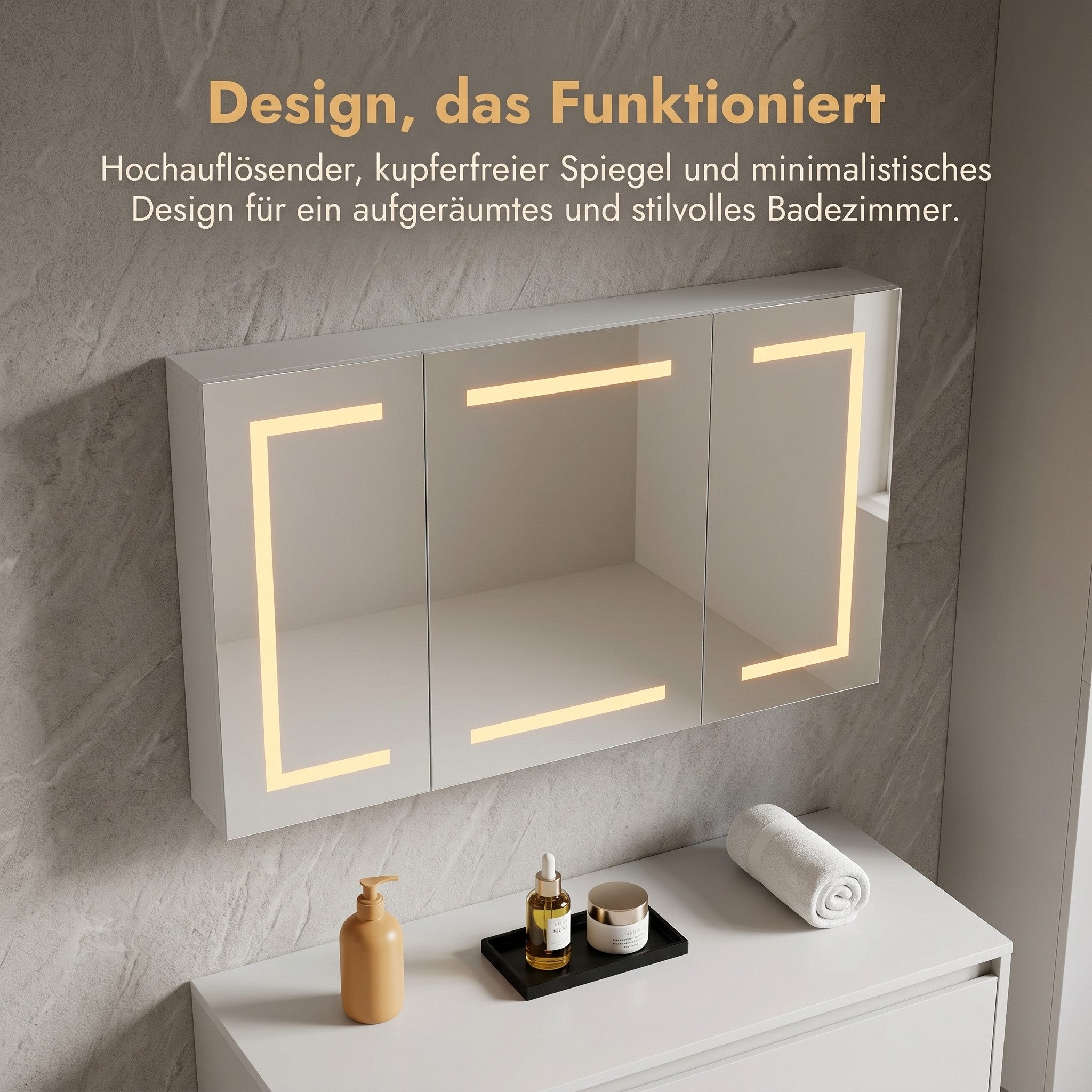 Furnishings Home Badezimmerspiegelschrank Spiegelschrank Doppeltür Hängeschrank mit LED (Einstellung der warmen und kalten Farbtemperatur 3000/4500/6400K) inkl. Steckdosen, LED-Beleuchtung, Touchschalter, Antibeschlagfunktion