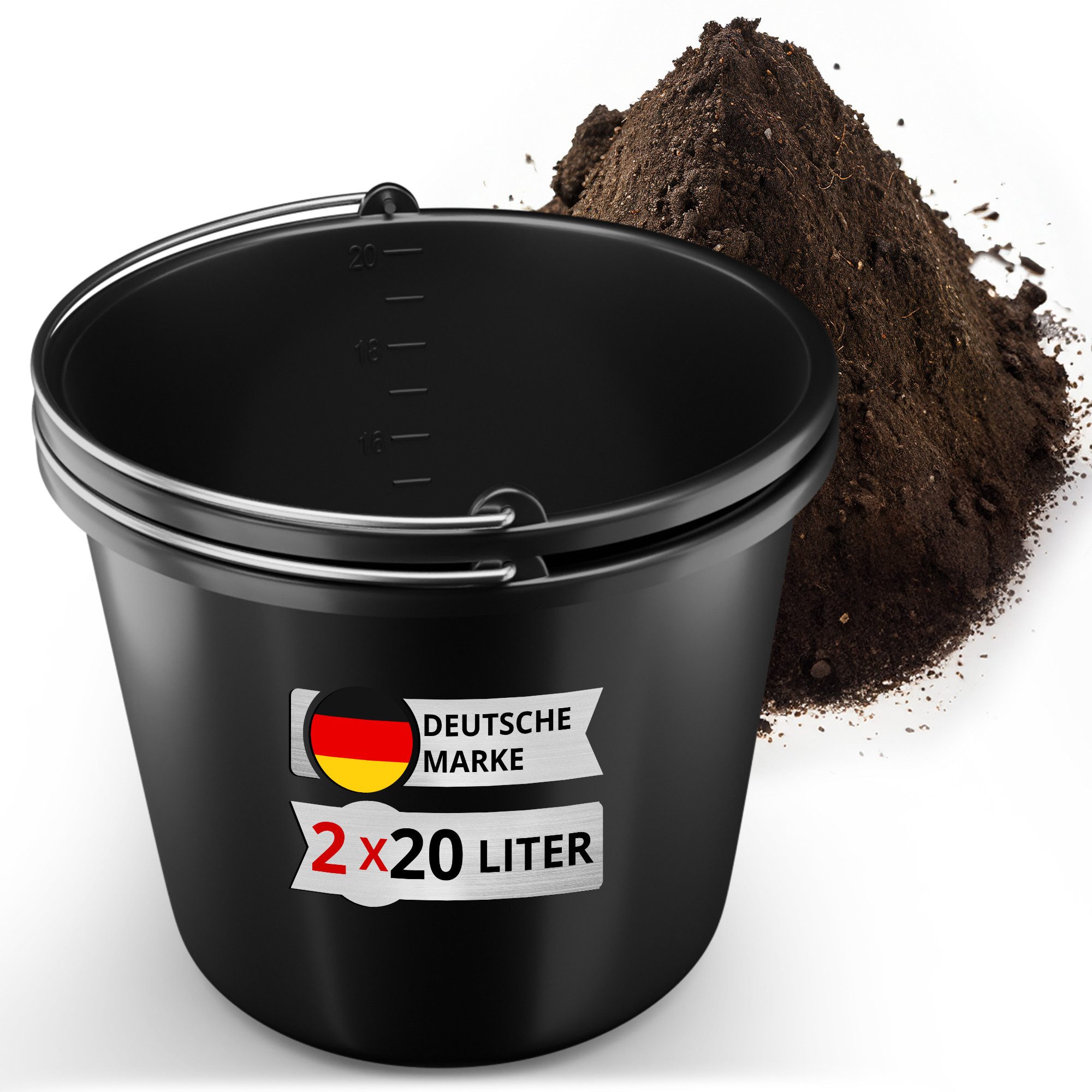 Oramics Baueimer 20L Eimer Edelstahl Henken stabiler Kübel Zement Mörtel Wassereimer, (Wassereimer, Mörteleimer mit Skala für Haushalt, Garten, Baustellen, 2-tlg., Kunststoffeimer für Zement, Mörtel; Kleistereimer für Tapezieren), stabiler robuster langlebiger Kunststoff-Eimer mit integrierter Skala