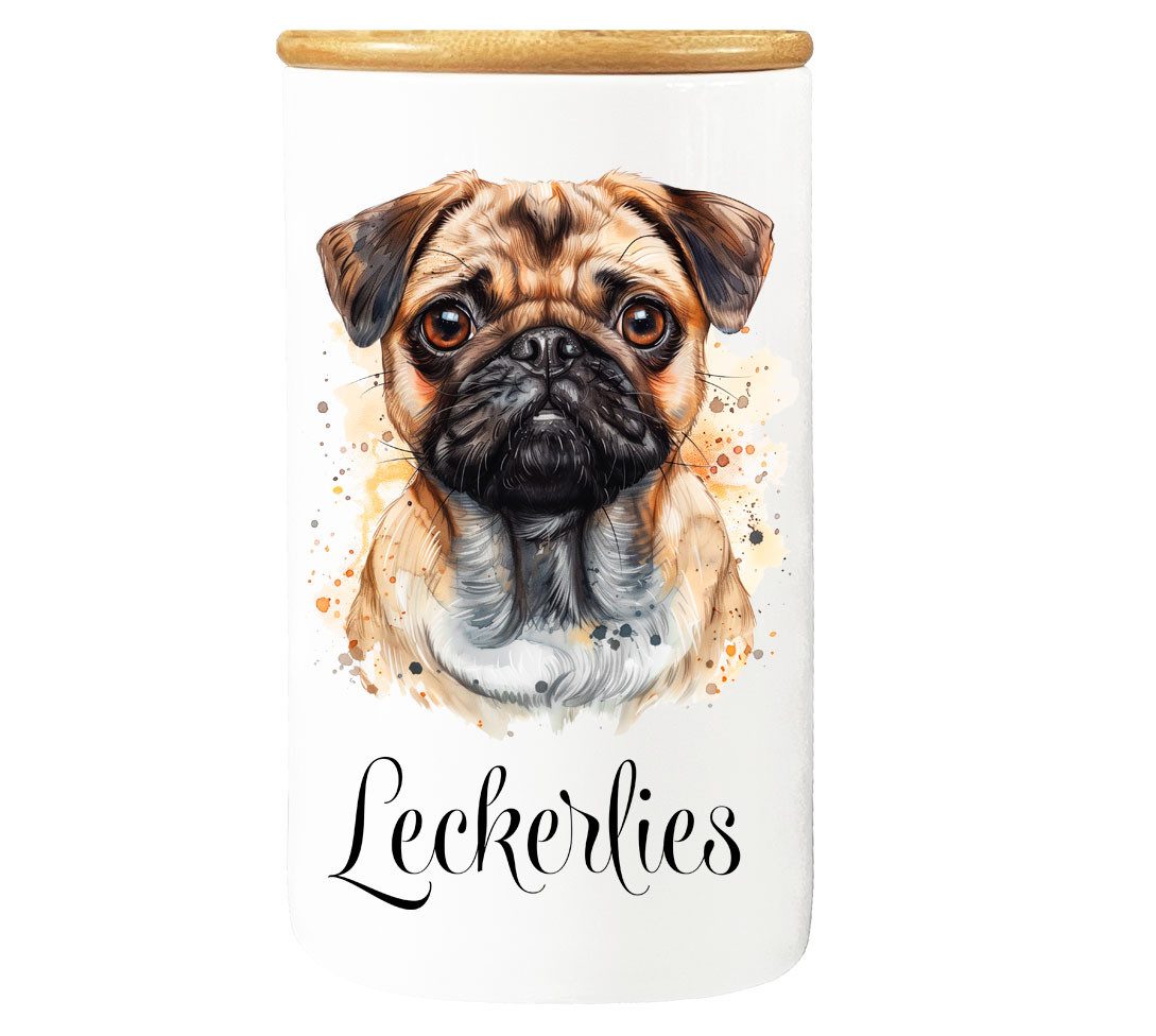 Cadouri Vorratsdose MOPS - XL Leckerlidose Hund - für Hundekekse, Porzellan, (Aufbewahrungsdose für Hundeleckerlies, 2-tlg., 1x Porzellandose mit Bambusdeckel), Hundekeksdose, handgefertigt in Deutschland, für Hundebesitzer, 950 ml