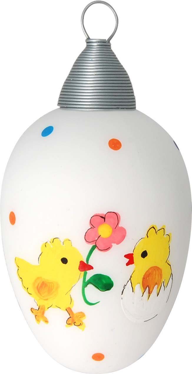 Krebs Glas Lauscha Osterei Henne mit Eiern und Küken, Osterdekoration, Frühling (Set, 5 St., 1 großes Ei: Ø 6cm/Höhe 10cm, 4 kleine Eier: Ø 4,5cm /Höhe 8cm), Mundgeblasenes und handbemaltes Glas, Made in Germany