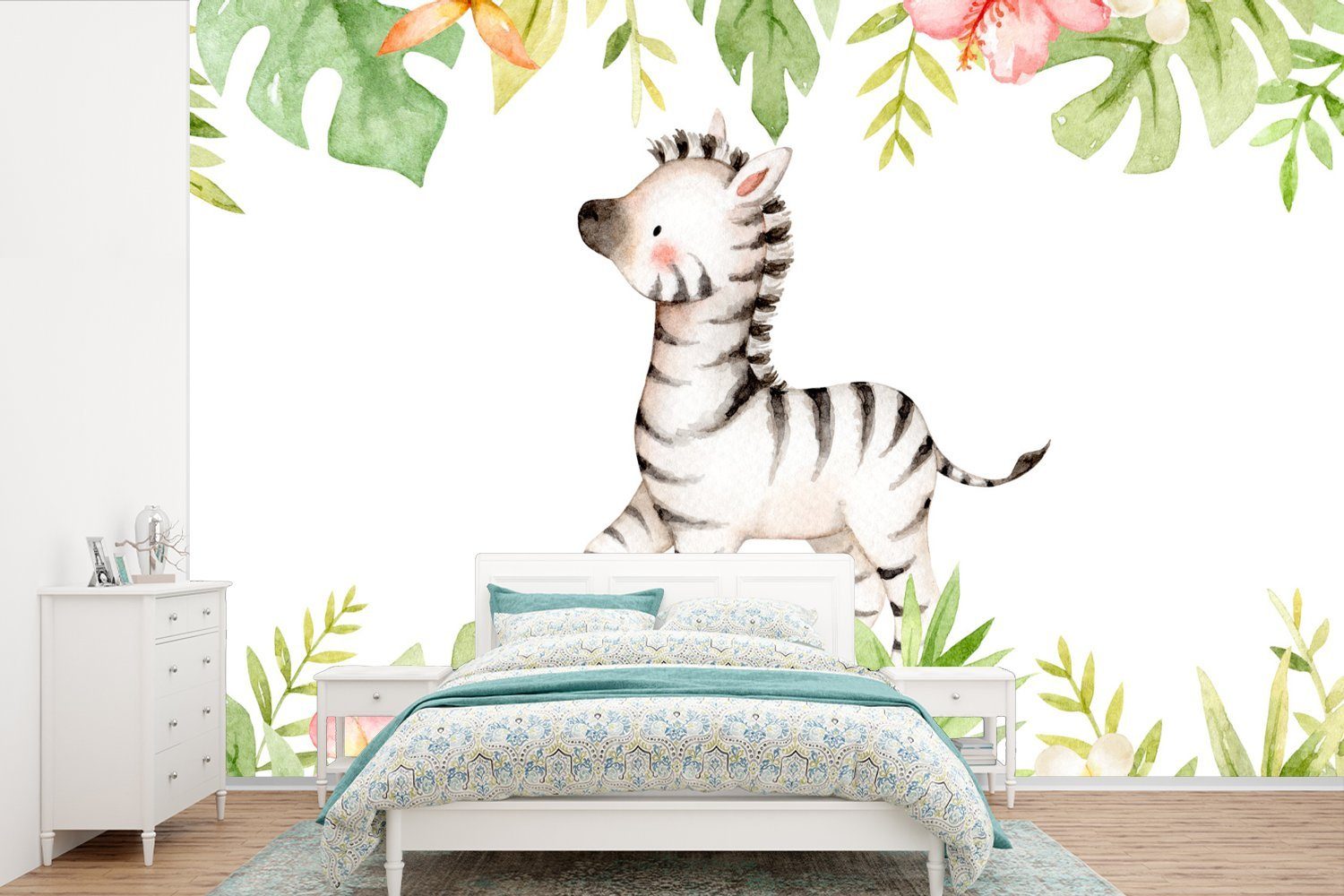 MuchoWow Fototapete Zebra - Blumen - Dschungel - Aquarell, Matt, bedruckt, (6 St), Wallpaper für Wohnzimmer, Schlafzimmer, Kinderzimmer, Vinyl Tapete