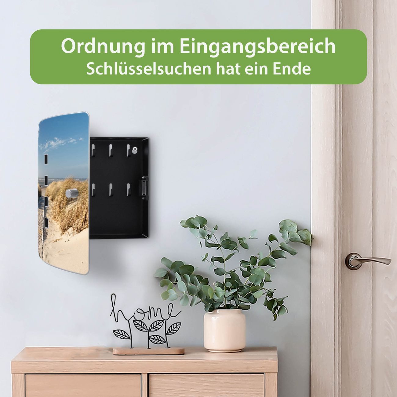 banjado Schlüsselkasten Edelstahl mit Motiv Dünen (verstellbarer Magnetverschluss, mit 10 Haken, gebogene Tür, einstellbarer Magnet), 24 x 21,5 x 7 cm
