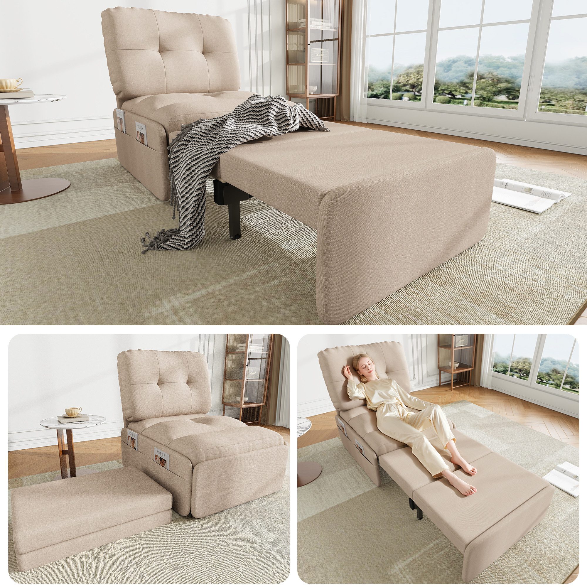 Flieks Schlafsofa Daybett 2-in-1 Multifunktional Einzelsofa, 1 Teile, ausziehbar Einzelsessel Schlafsessel mit Bettfunktion Leinenstoff
